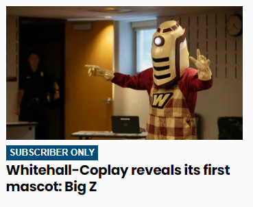 screengrab from the Morning Call newspaper in Allentown, PA, shows a sports-type mascot in checked gold and maroon overalls. He has a head that looks kinda like the locomotive of a 1940s train. Headline says "Whitehall-Coplay reveals its first mascot: Big Z"