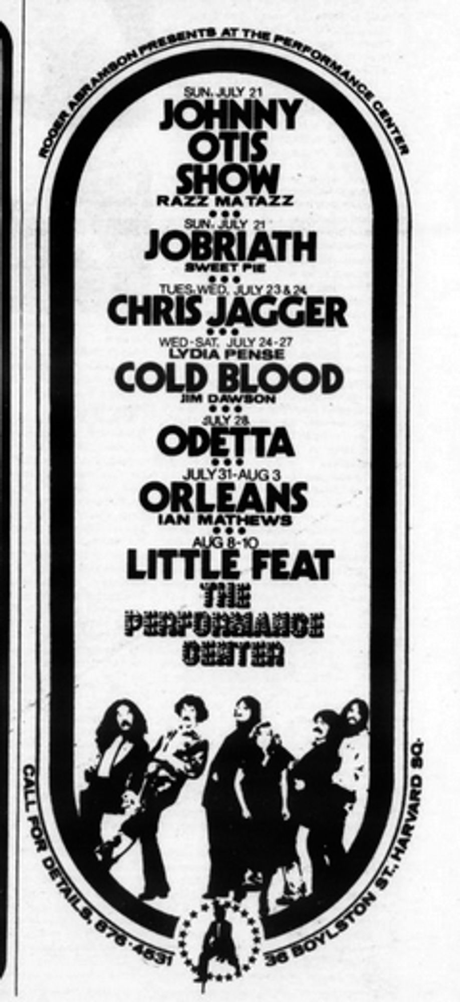 ad from the 7/23/74 Boston Phoenix advertises upcoming concerts at the Performance Center in Harvard Square: Johnny Otis, Jobriath, Chris Jagger, Cold Blood, Odetta, Orleans and Little Feat