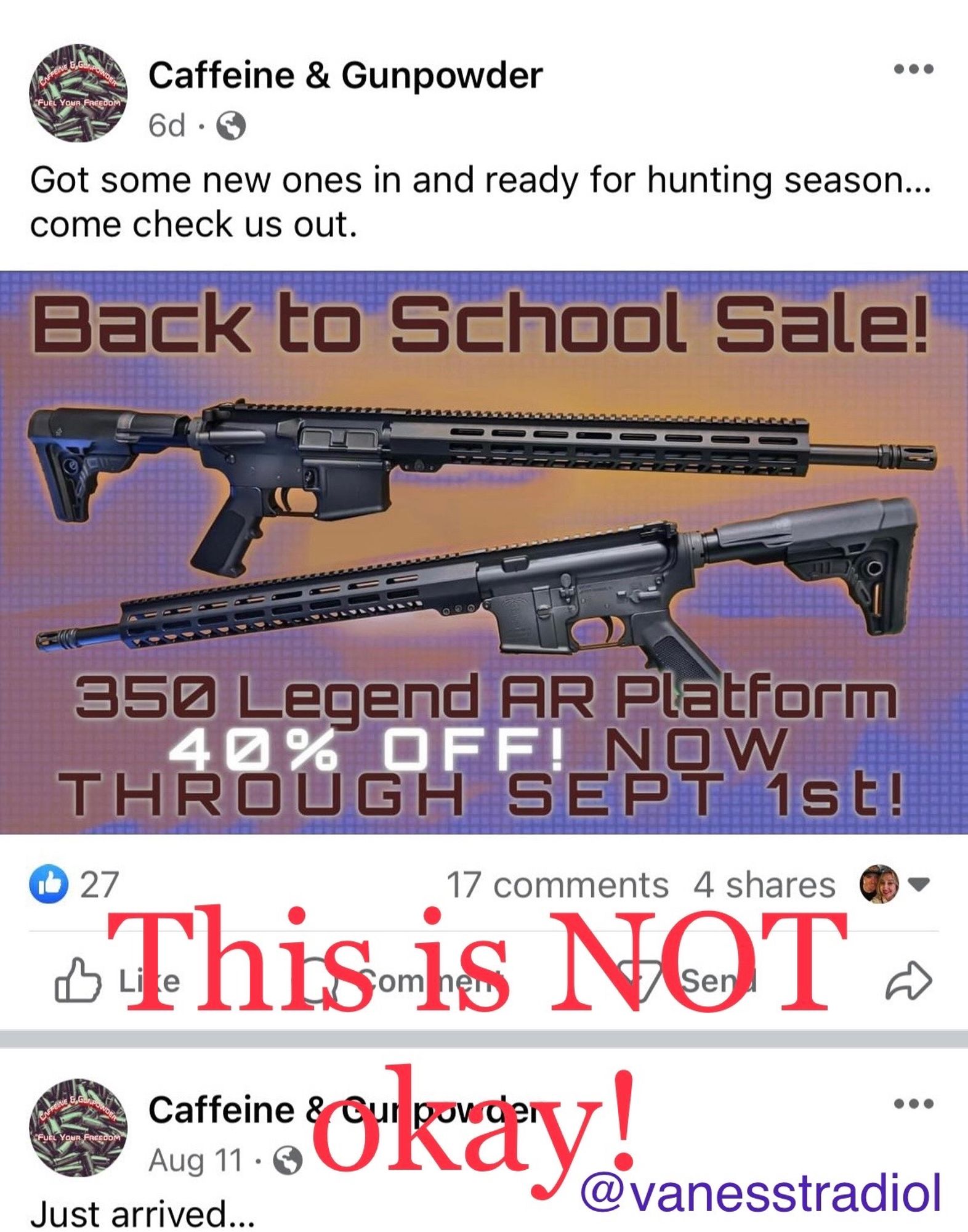 A screenshot of an ad from Caffeine and Gunpowder in Massillon, Ohio offering a “back to school” sale on assault style rifles