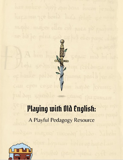 cover page with faint Old English text behind an image of a dagger and the top of a King's head