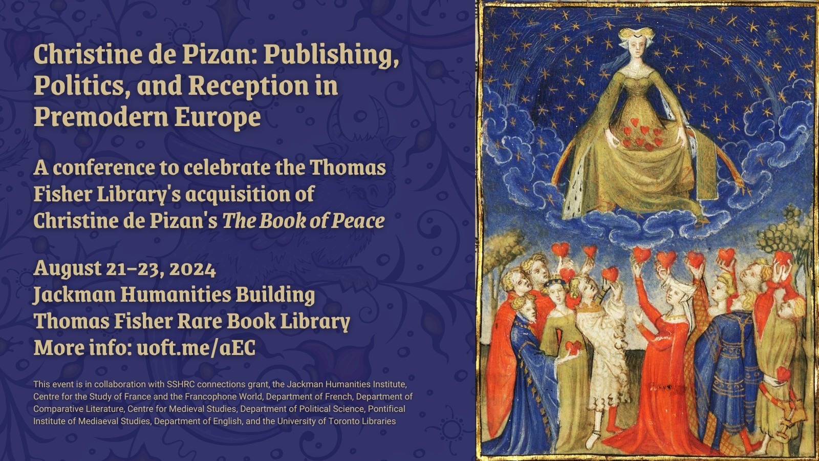 flyer with gold font on blue background for Christine de Pizan conference. Image of Christine in the sky surrounded by figures holding up heart shapes.