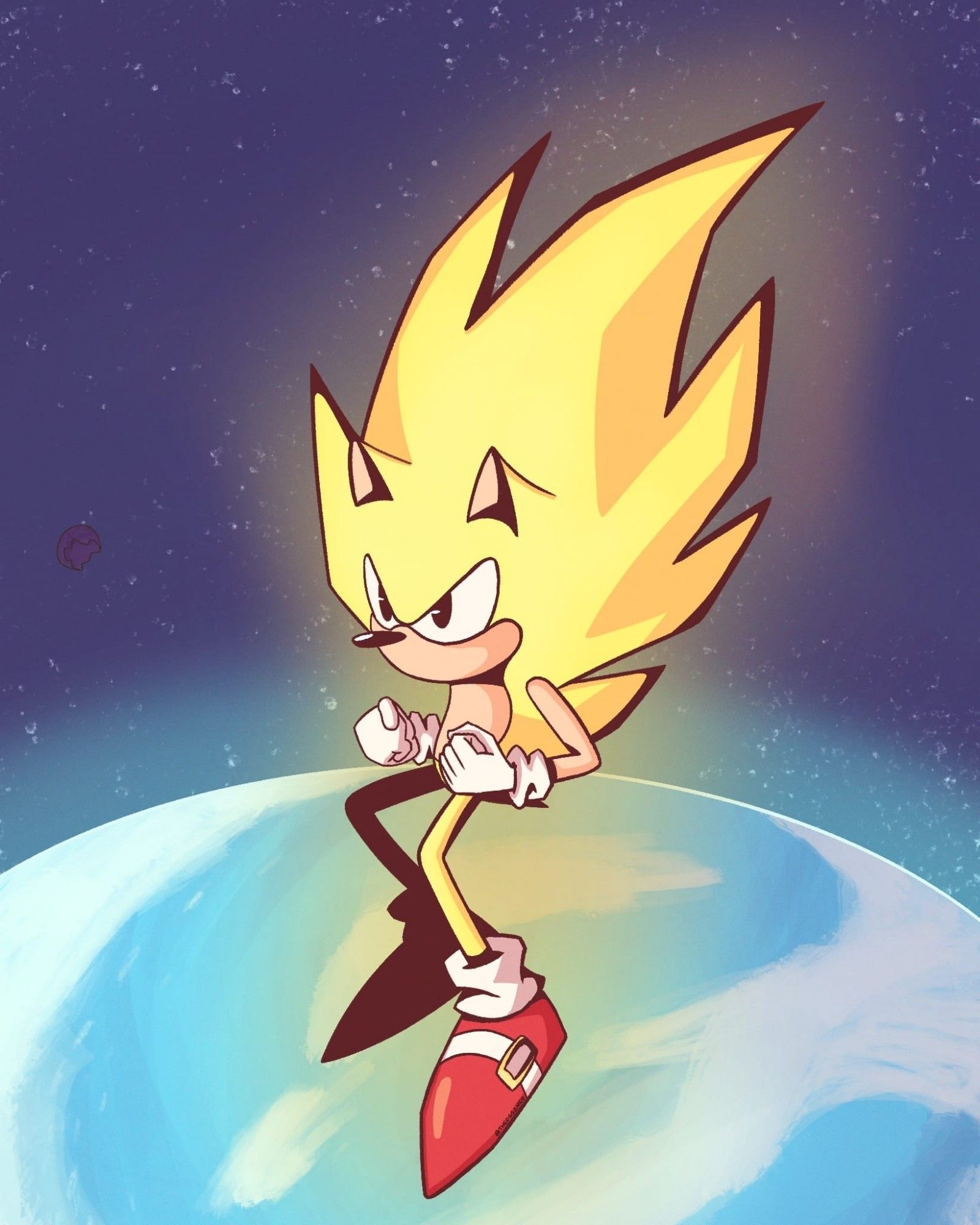 A fan art illustration of Super Sonic hovering above Earth in space