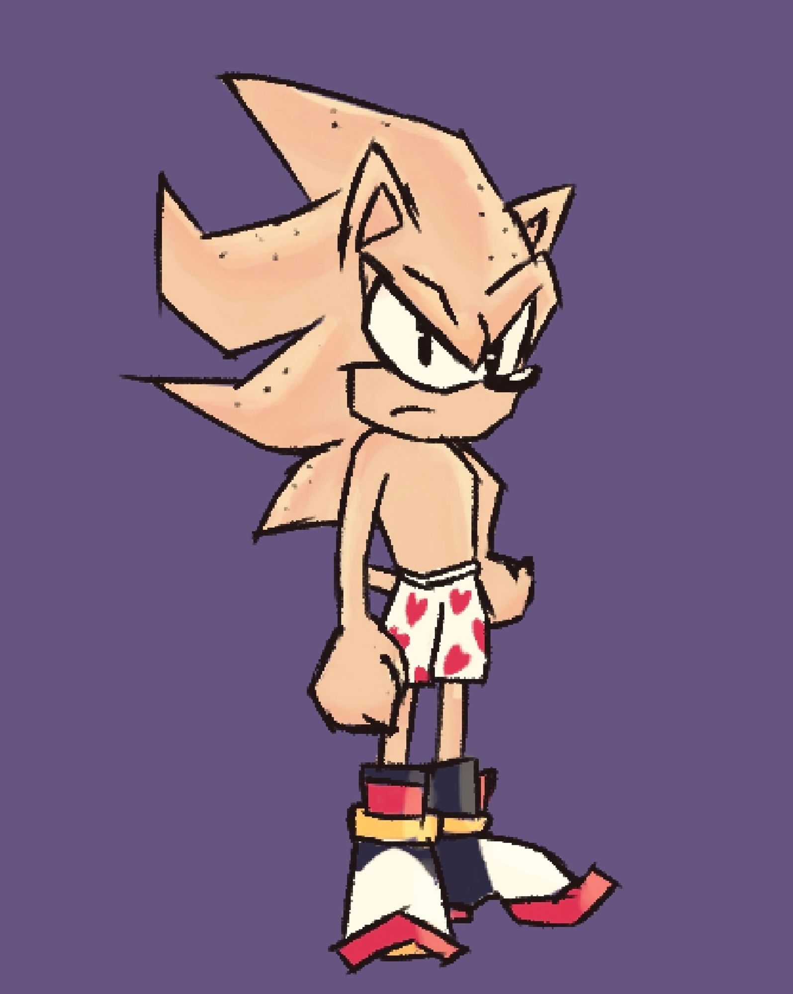 Shadow the hedgehog with no fur and wearing heart patterned boxers