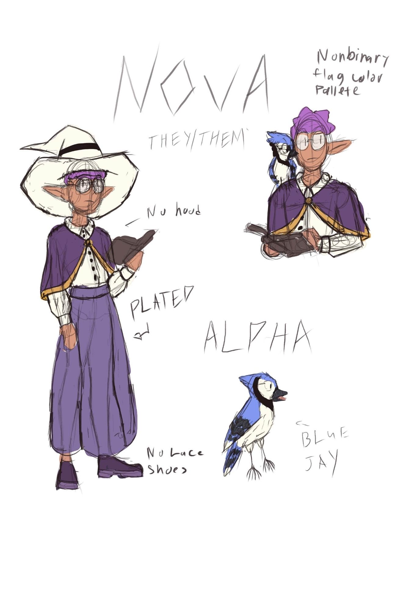 Concept art of a non binary white witch with a blue bird/blue jay as their familiar.