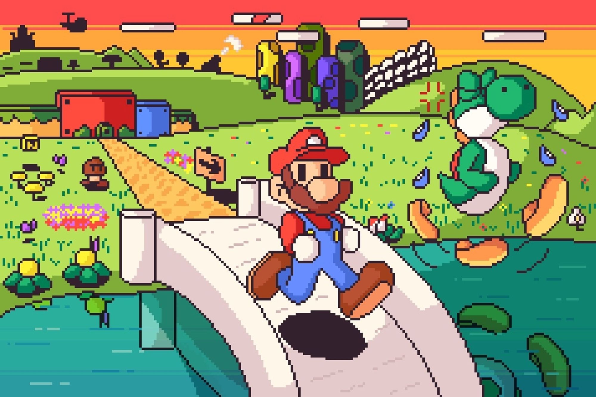 An Illustration of Mario and Yoshi running around the Mushroom Kingdom