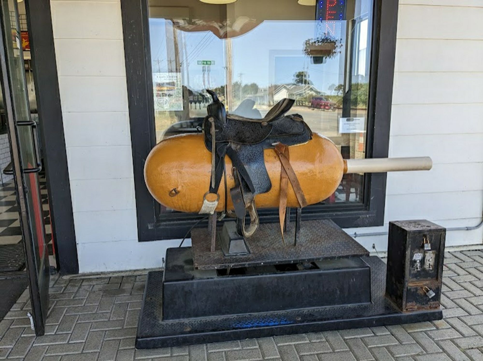 the coin operated Corndog ride at the Rockaway Beach Original Pronto Pup located of US-101 in western Oregon