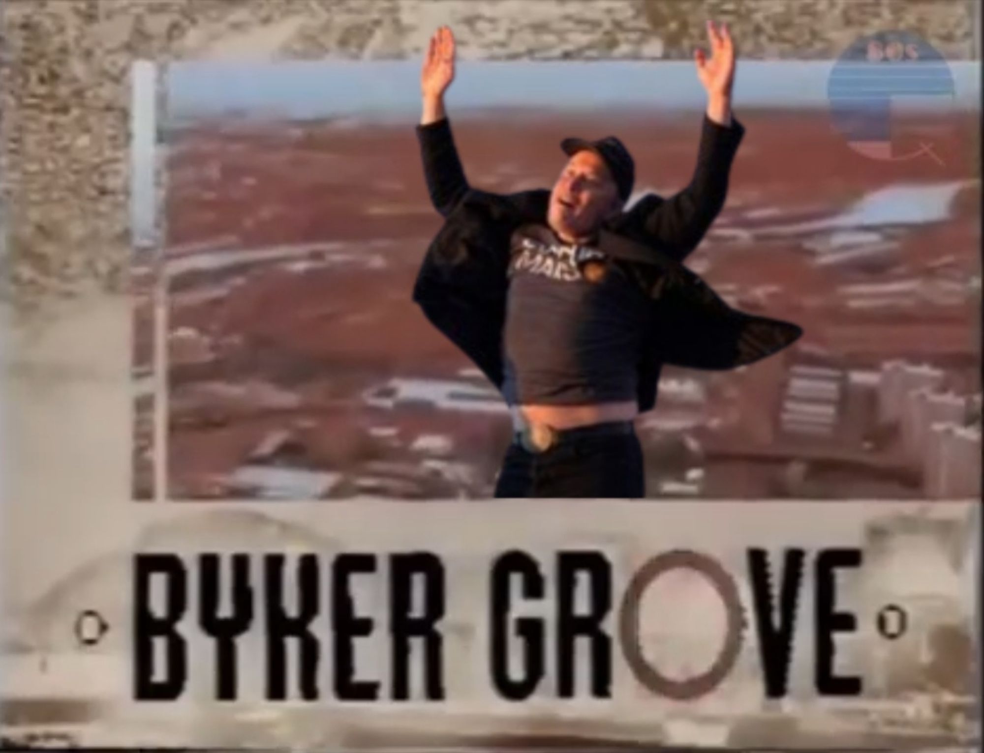 Elon Musk jumping like a tit, placed into the Byker Grove intro.