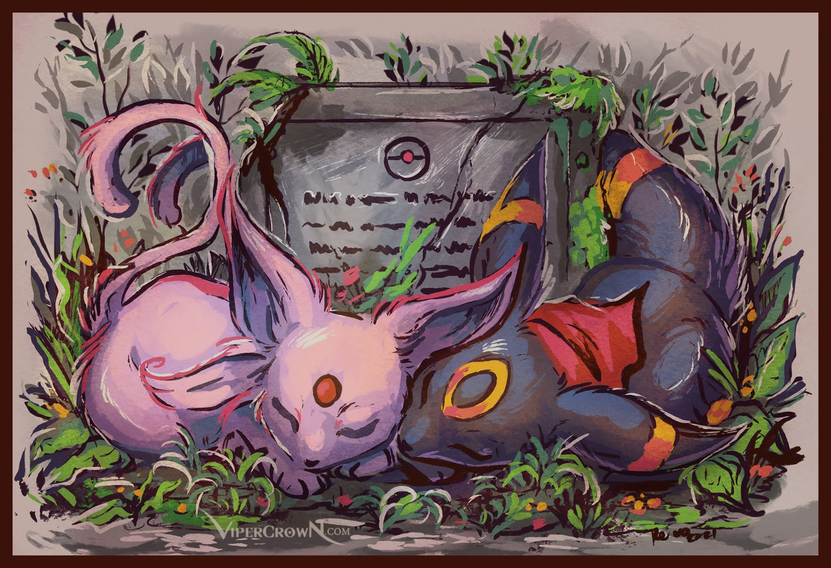 Illustration of an Espeon and Umbreon sleeping around a grave