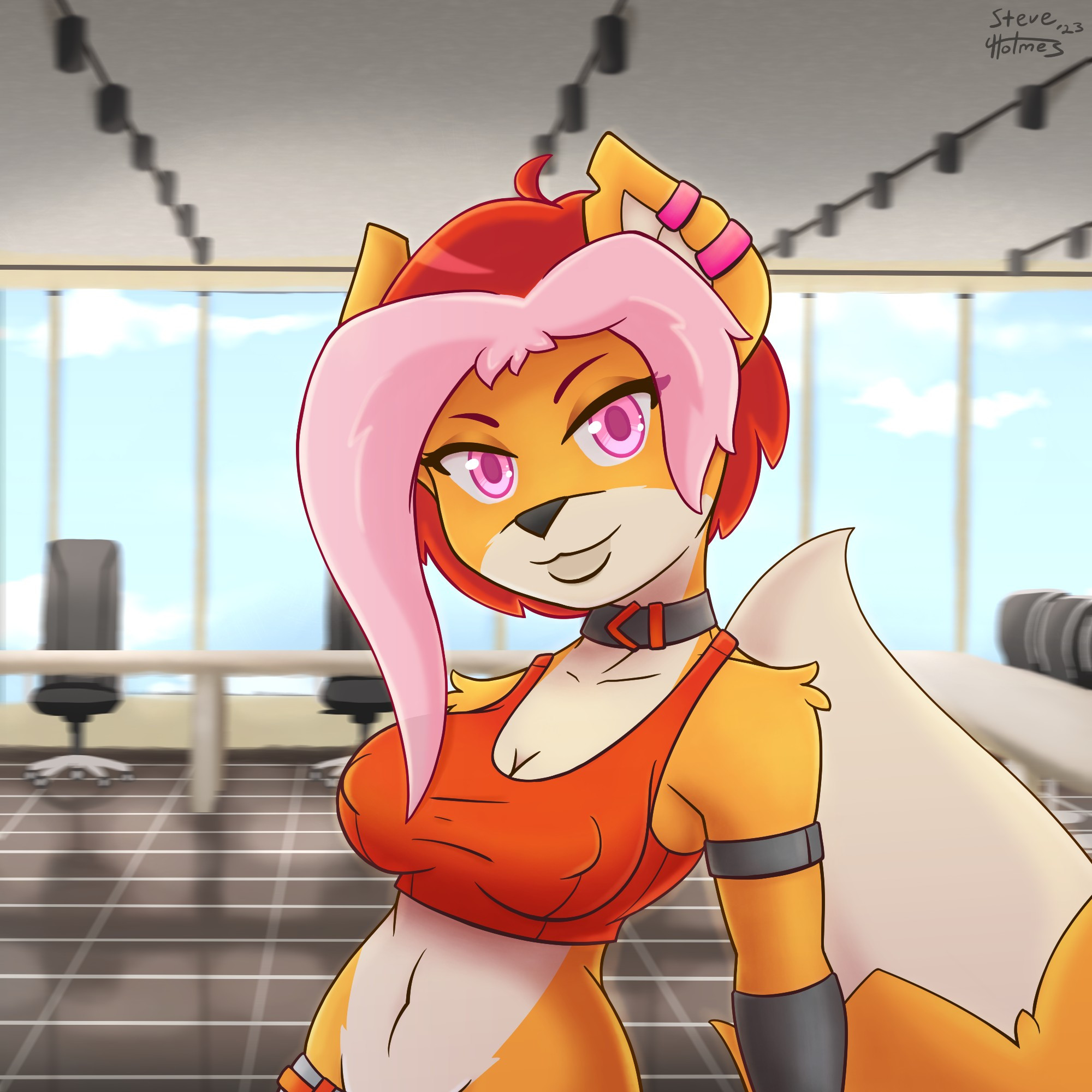 Anthromorphic Vixen CEO standing in the middle of her Companies Meeting Room.