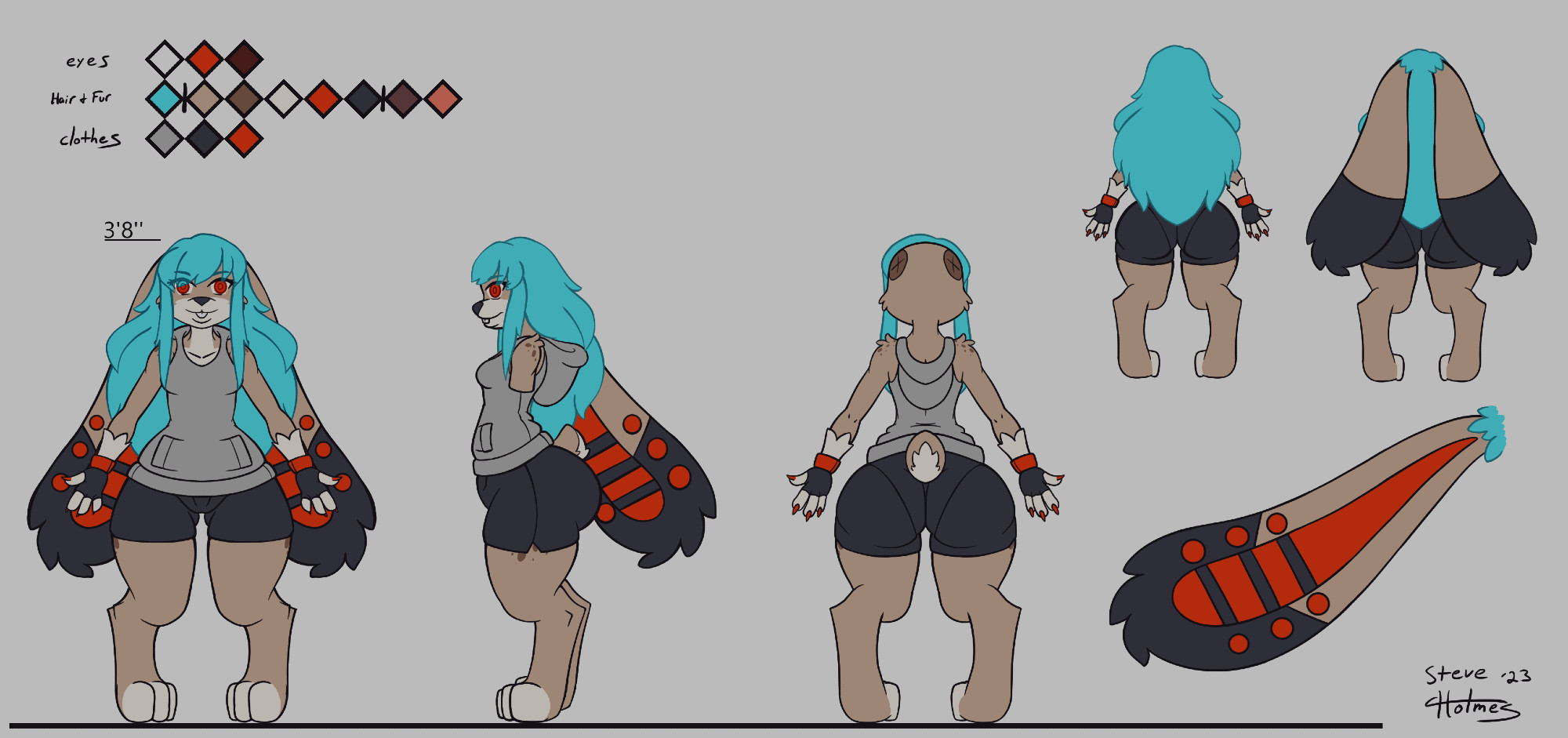 Front, Side and Back References for an Anthromorphic Rabbit Girl. Including close up of her rather Large Ears and their related Piercings, as well as a Color Palette Reference.