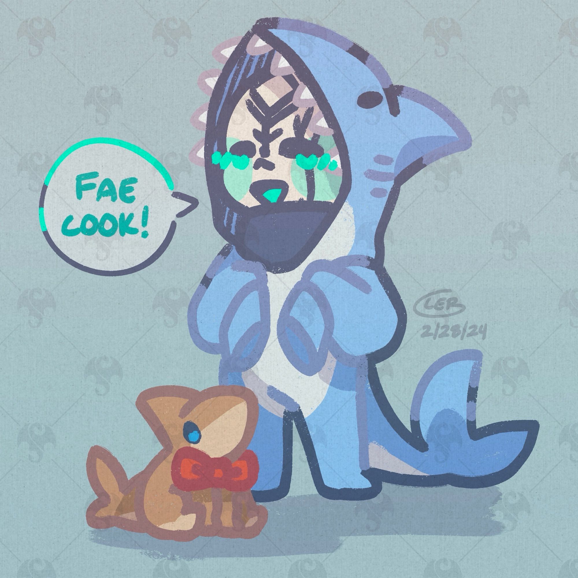 My drawing of Rune in a shark onesie with a Mango the land shark plushie.