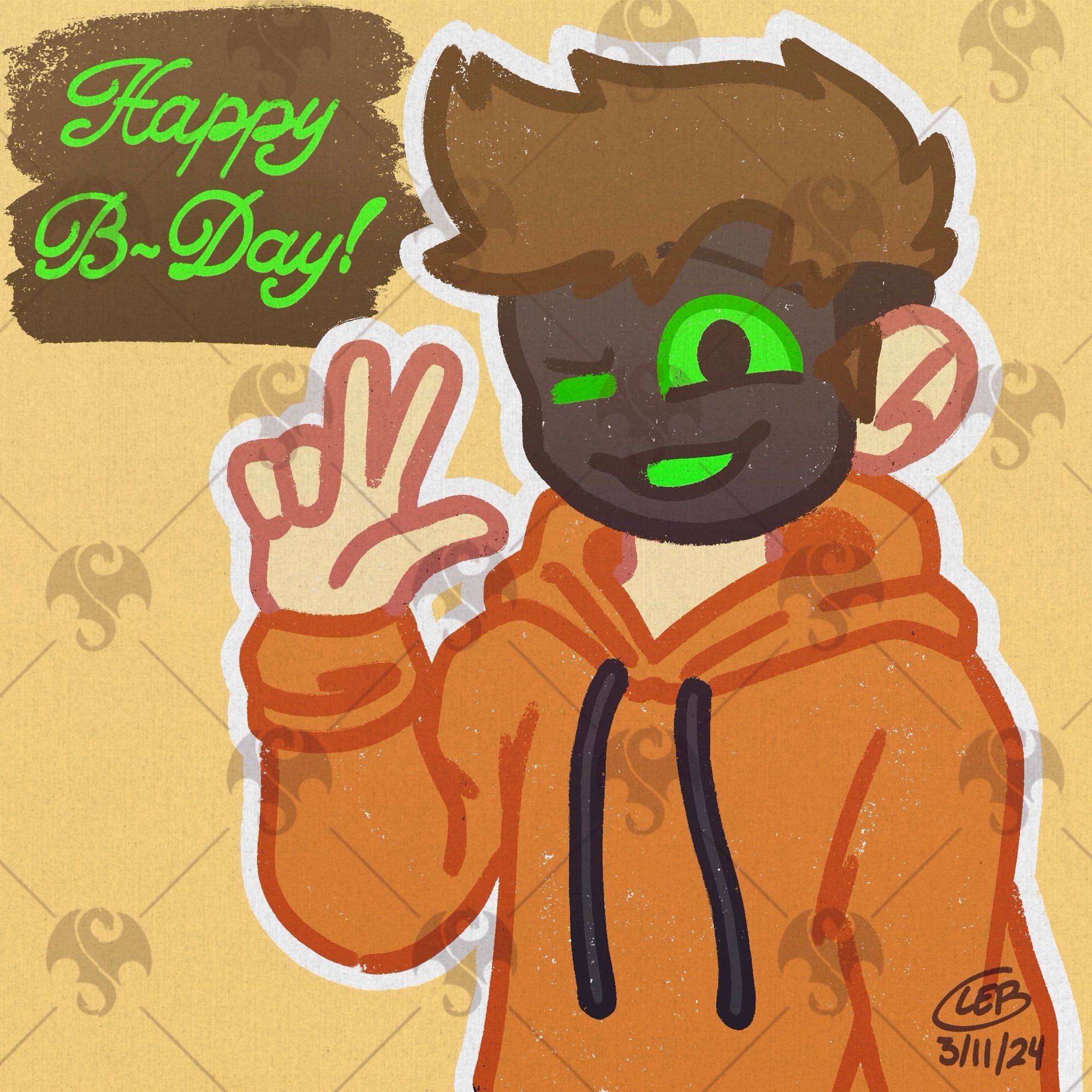 A masked OC in a bright orange hoodie.