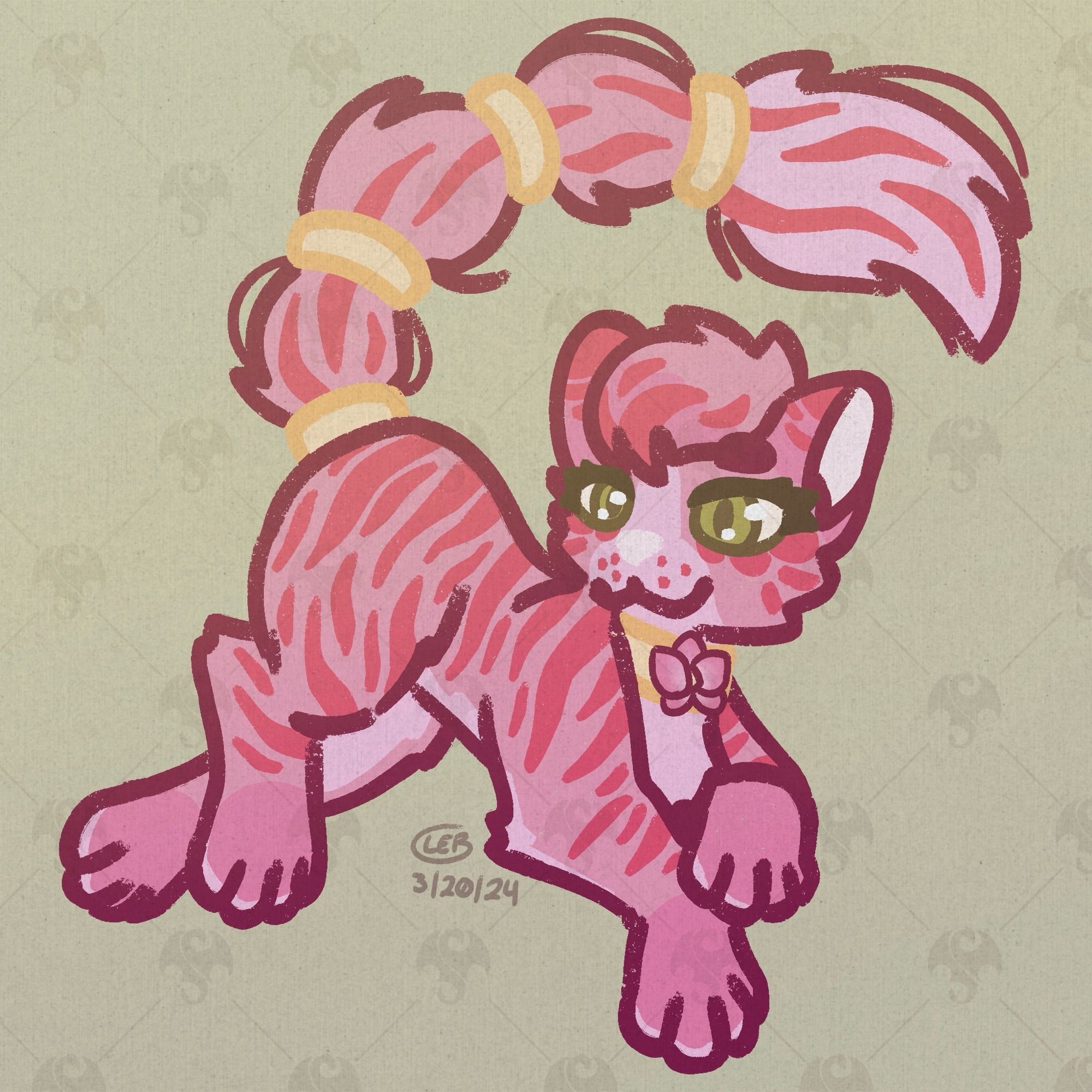 A very pink cat with tiger stripes named Orchid.