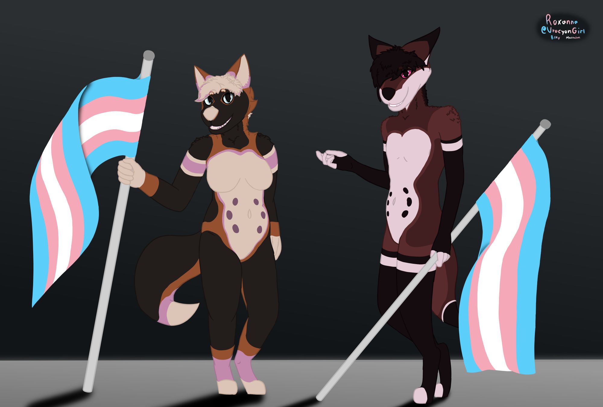 digital art of a transmasc cross fox with no HRT or surgery, holding a trans flag, next to a transfem maned wolf, also no HRT or surgery, who is holding a trans flag as well. they're both in casual poses. the fox is in a more front facing pose, and the wolf at more of a side angle, with her hand raised up a bit.