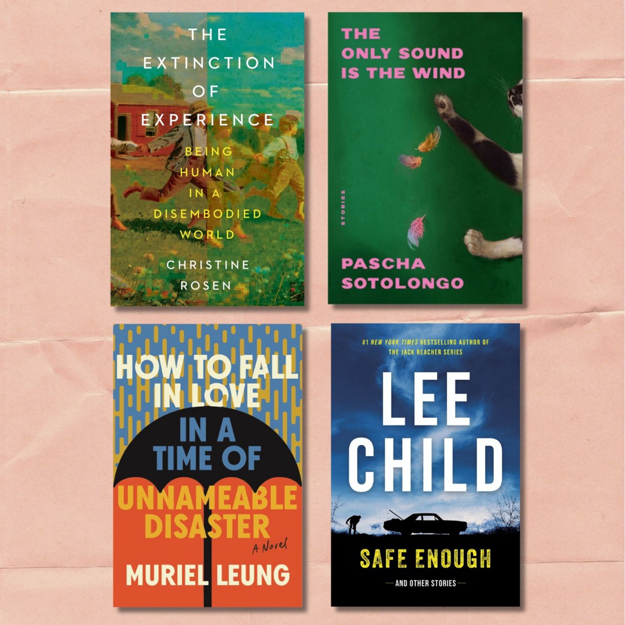 THE EXTINCTION OF EXPERIENCE, by Christine Rosen; THE ONLY SOUND IS THE WIND, by Pascha Sotolongo; HOW TO FALL IN LOVE IN A TIME OF UNNAMEABLE DISASTER, by Muriel Leung; and SAFE ENOUGH, by Lee Child.