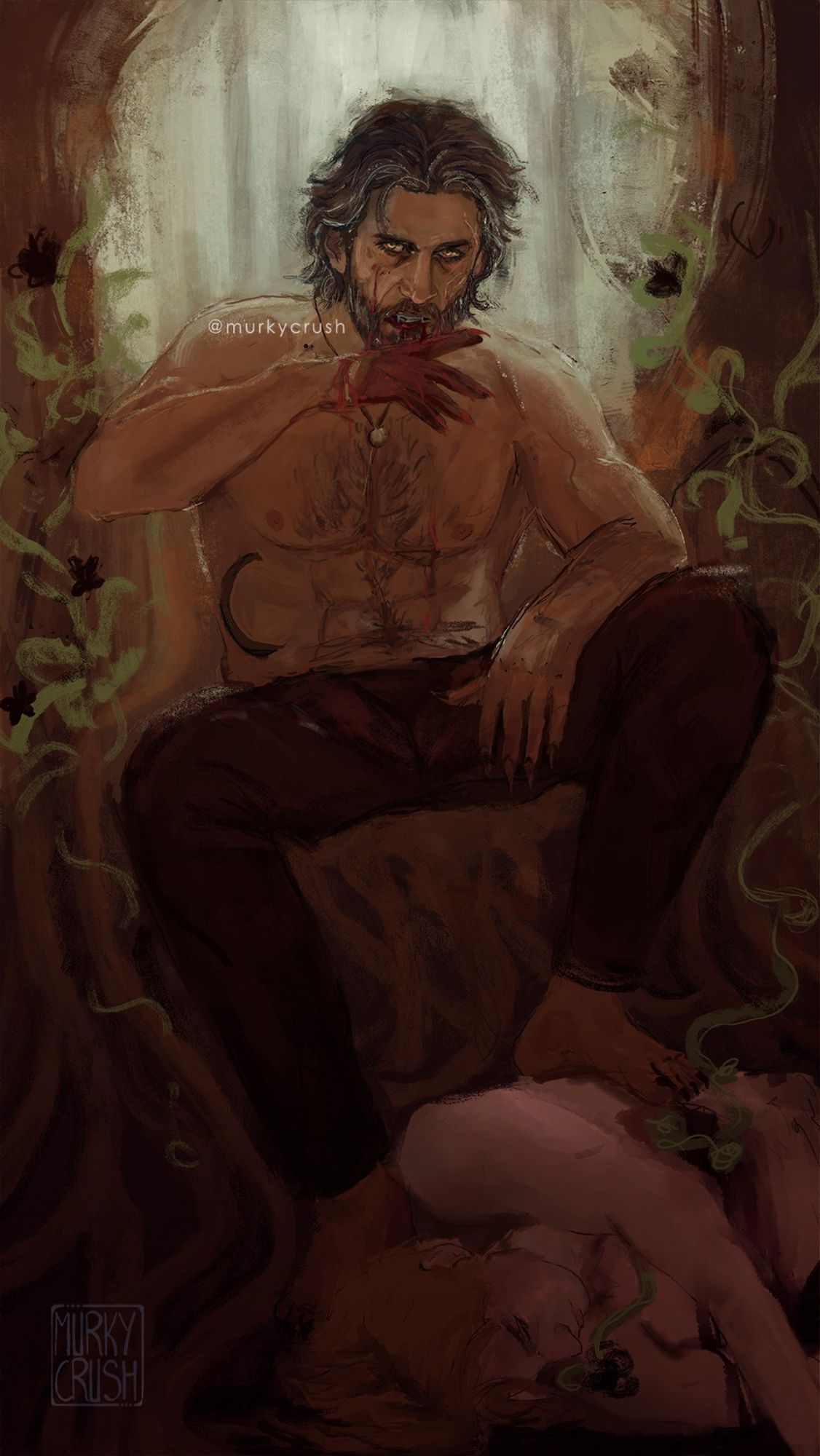 A shirtless man with a half moon tattoo, yellow eyes, brown hair and beard with greying streaks, wipes away blood from his mouth. His hand completely covered in it. He's sitting on vines reminiscent of a throne and below his feet is a body of a man with his heart ripped from his chest.