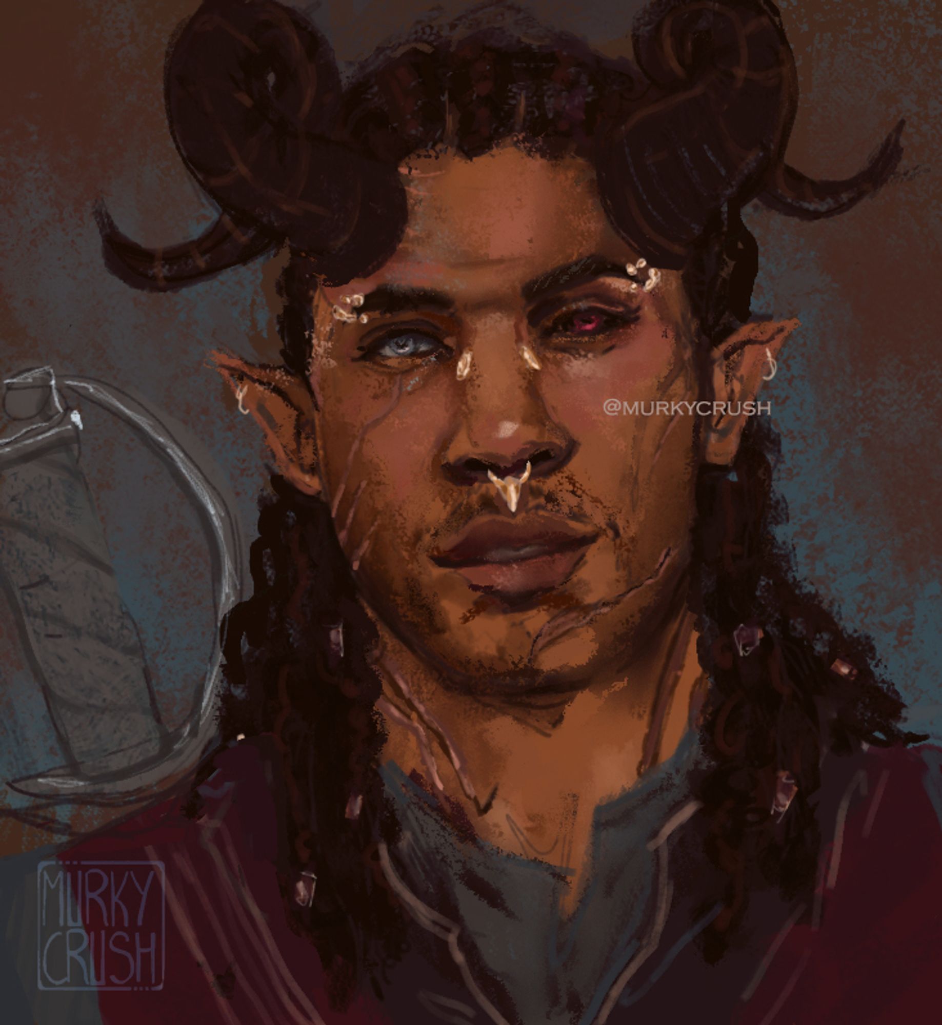 Wyll Ravengard, with black, curled horns, pointy ears, long bead decorated locks and multiple gold piercings on eyebrows, nose bridge, and septum.