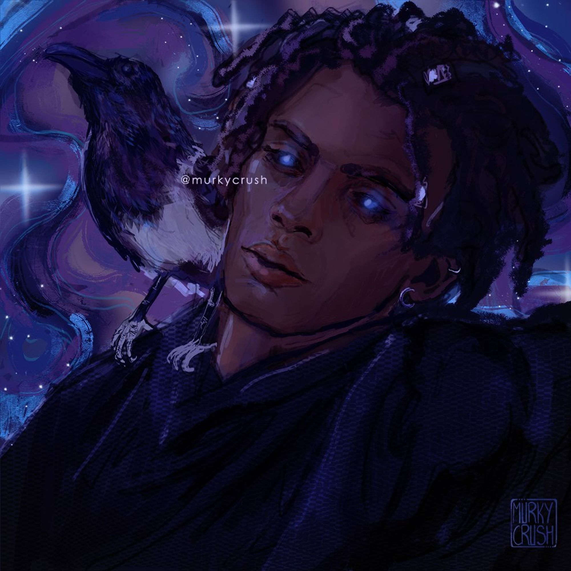 Dream, in the form of Kai'ckul, wears a richly dyed dark blue robe with silver beading adorning his dreaded locks. An african pied crow raven with a white breast is perched upon his shoulder looking off into the distance. Dream, however is looking directly at the viewer; his pose relaxed, and he expression inviting. His eyes glow a mysterious blue. The stars and galaxy swirl behind both Dream amd his raven companion in an array of blues and purples.