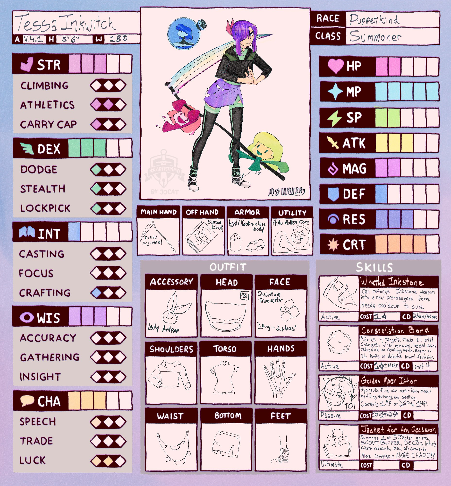 artist MMO card for me, MissInkwitch. The graphic is a doll-jointedfigure of a young woman in a black hoodie, purple skirt, minty green undersuit, black leggings, and boots with an apparatus around the ankle and bridge. She's got a dual-edged scythe, and hasher fist to her open palm like she's about to rhetorically judo flip someone. There are 3 "Jacket" dolls playing around her- a quiet, pensive one in a bottle, a hyper one in bright pink hanging off the scythe, and a friendly green one.