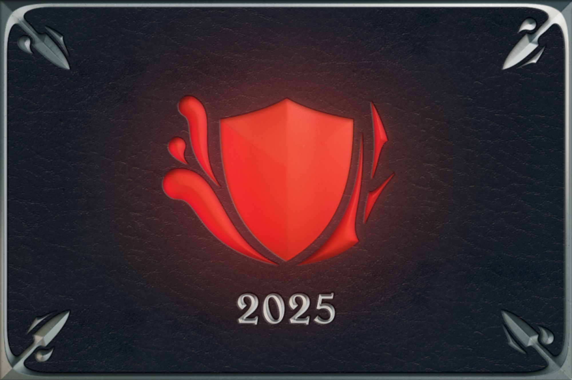 A surface of dark blue leather is embellished with metal and gems. The gems glow red, set into the surface in an arrangement that resembles a shield with various energies flowing off of it. The metal, a silvery grey, borders the image— ornamented corners like the heads of spears pointing toward the center. Just below the shield, metal numbers tease "2025".