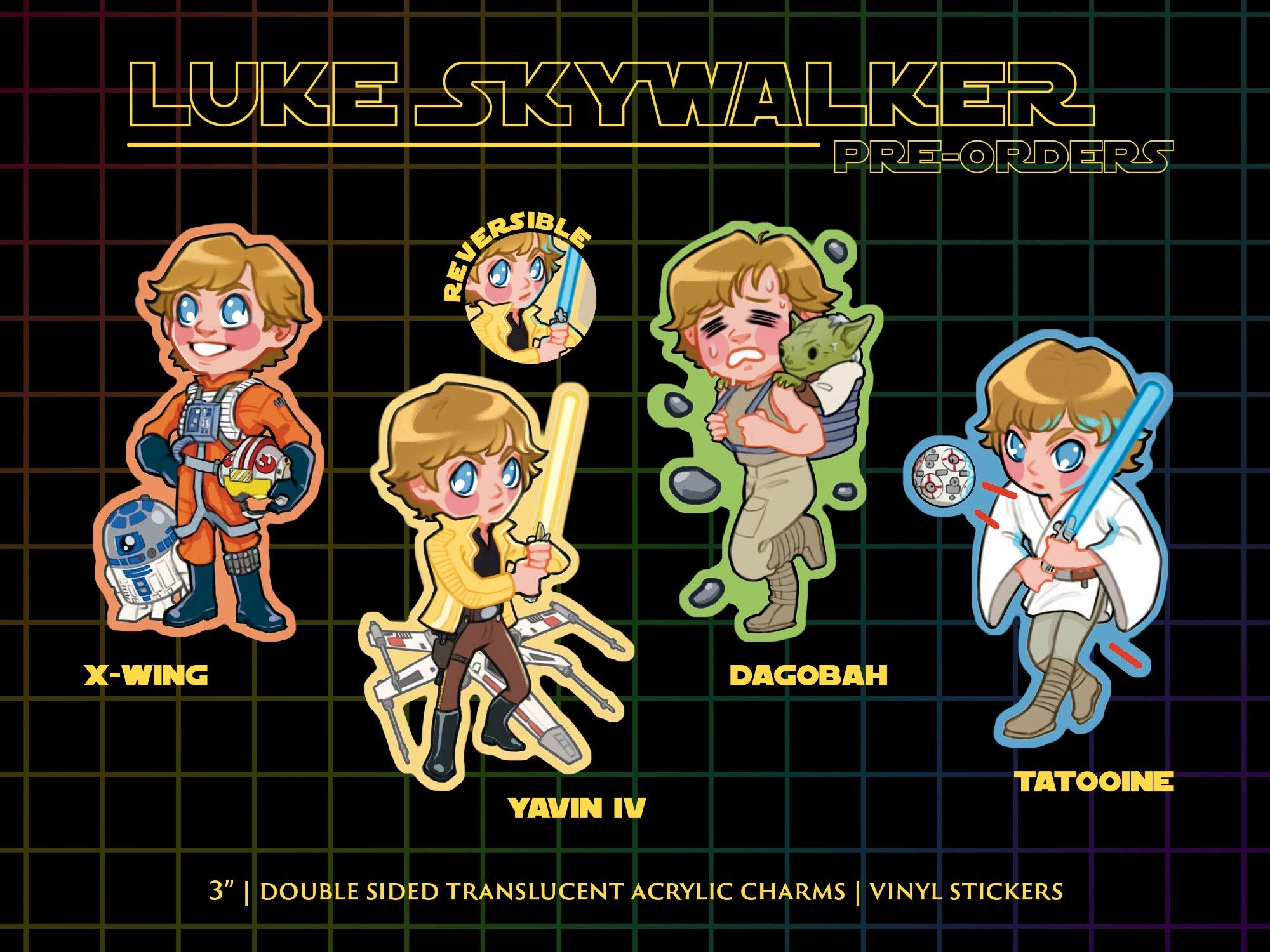 Luke Skywalker charms from left to right: Luke as an x-wing pilot, Luke in his golden Jacket from Yavin IV, holding a lightsaber with an xwing behind him, Luke on Dagobah sweating with yoda on his back and floating rocks around him, Luke from A New Hope training with his lightsaber and the remote droid