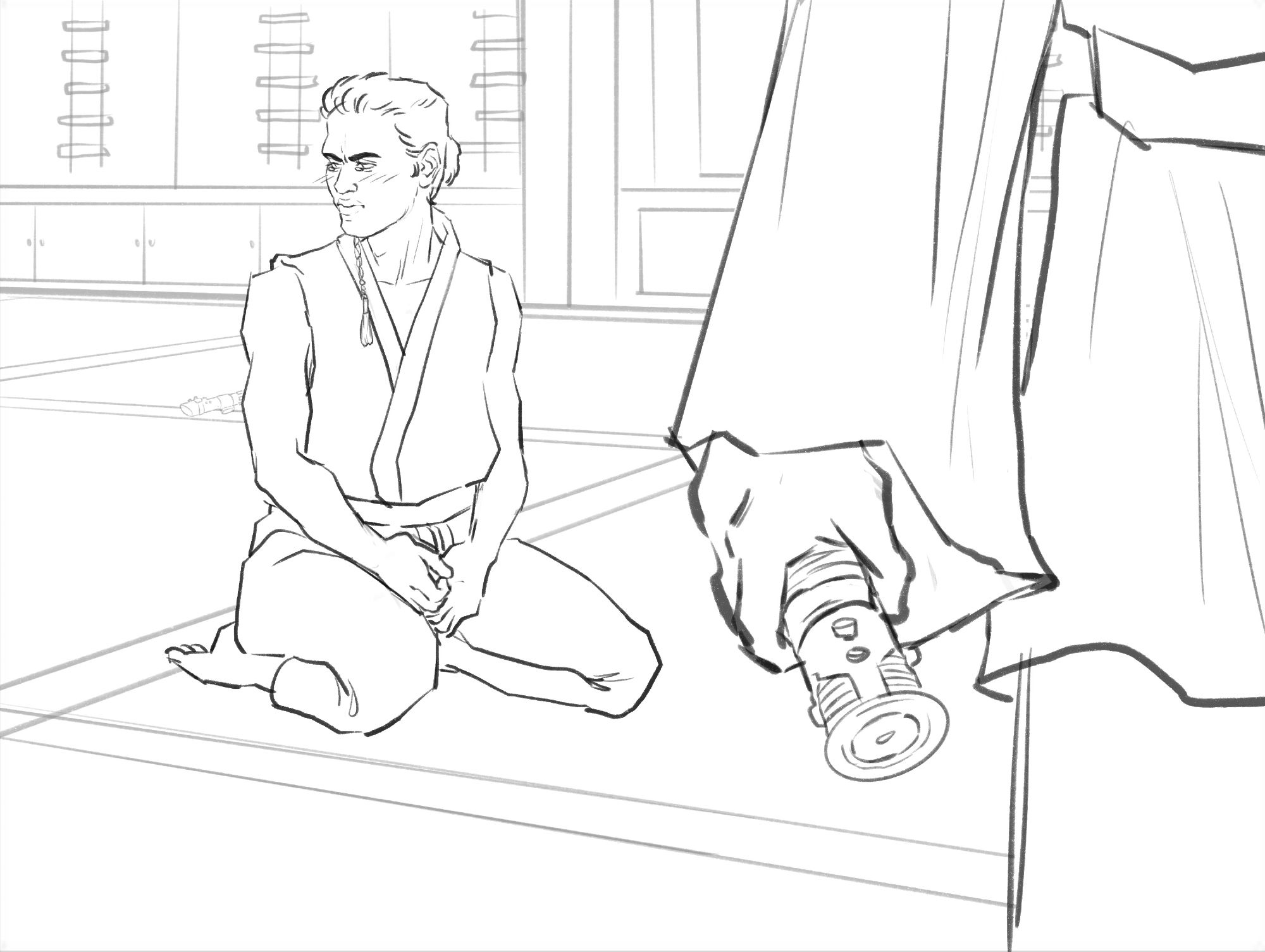 Obi-Wan walks away, lightsaber in hand, Anakin is behind him sitting alone, upset, embarrassed, and angry