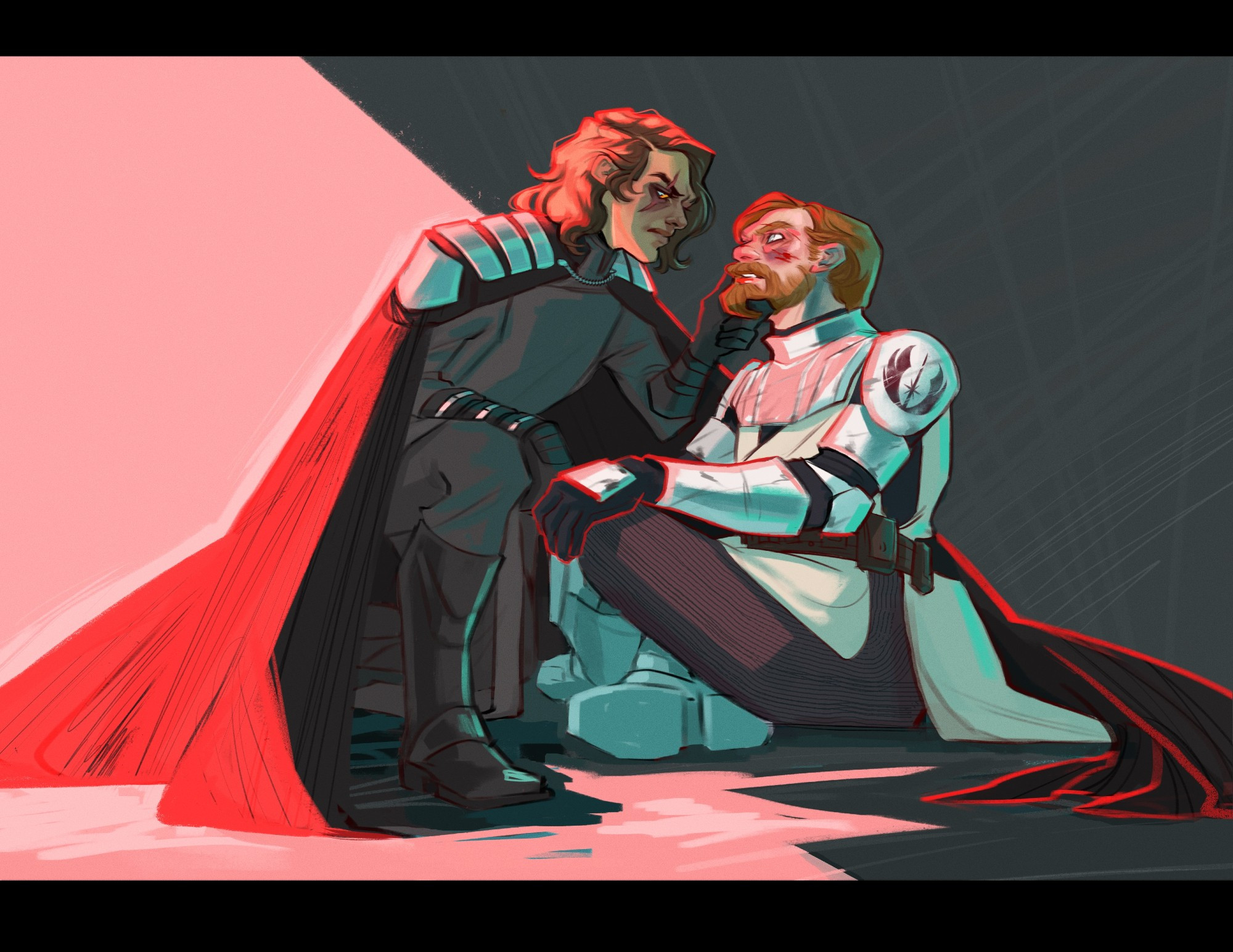 Vaderkin on one knee leaning over Obi-Wan who sits with his legs crossed looking up at Vader who is tilting his head up to look at his injuries, a red light comes from behind Vader and his huge cloak encircles himself and Obi-Wan