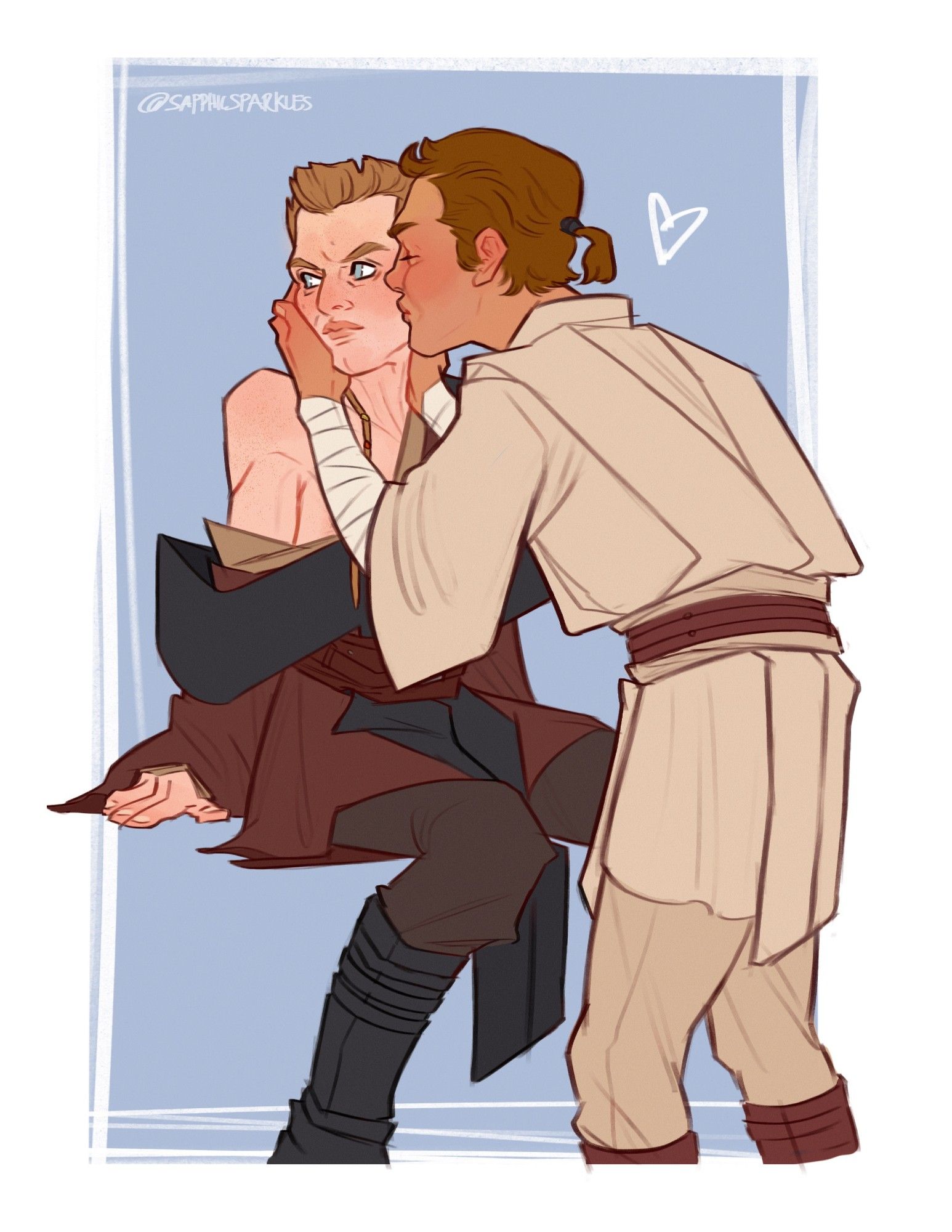 Anakin and Obi-Wan as padawans, Obi-Wan sitting and looking off to the side angry and blushing as Anakin holds his face and kisses him on the cheek, Anakin is in Obi-Wan's robes and Obi-Wan is in Anakin's which are too big for him and slipping off his exposed shoulder