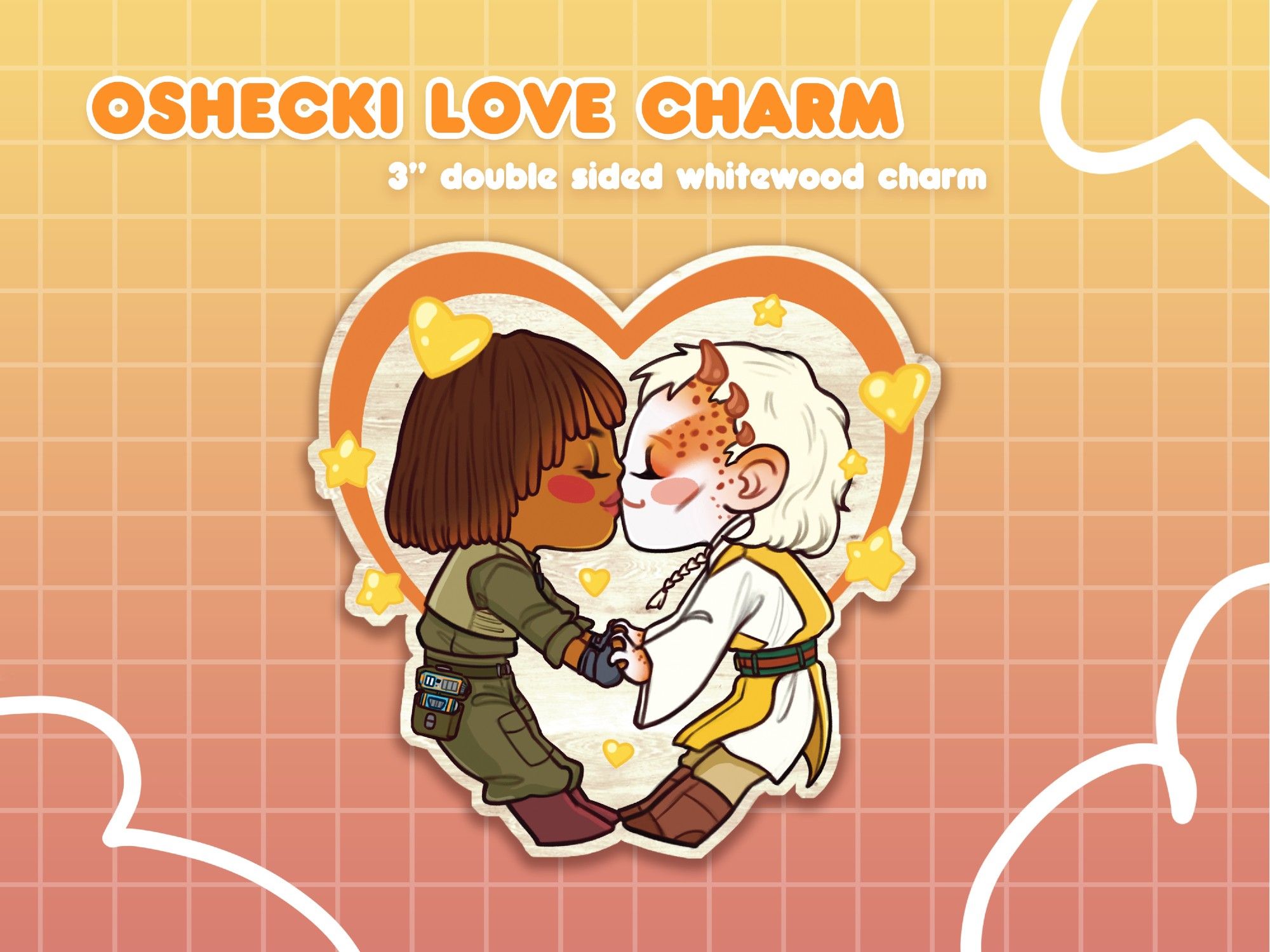 mockup of 3 inch keychain charm on whitewood of Osha and Jecki holding hands and kissing in the shape of a heart with little hearts all around them