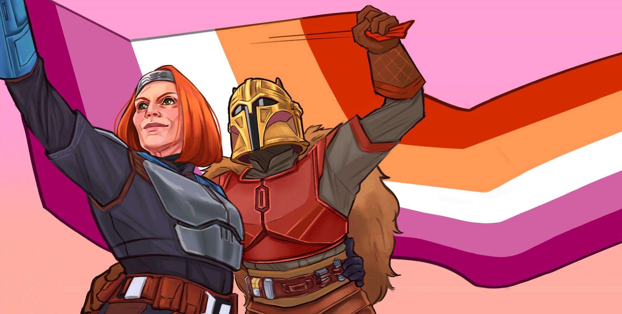 Bo-Katan and the Armorer side by side with arms around each other holding up a lesbian flag that flows behind them while looking up and forward