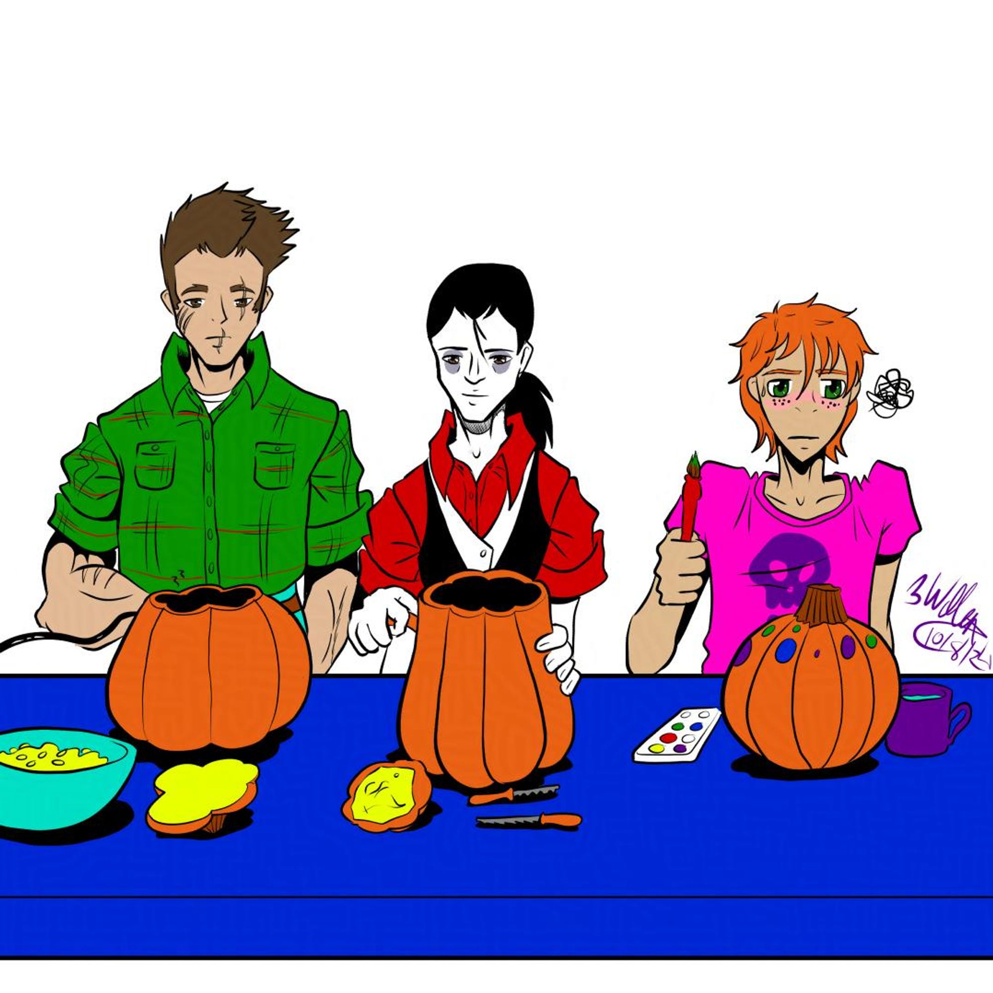 3 men sitting at a plastic table carving pumpkins with tools except the redhead at the end who is stuck using paints and doesn't look happy about it