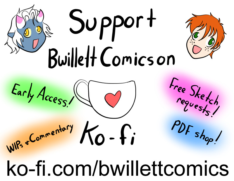 A doodly drawing advertising my Ko-Fi account. Includes early access, free sketch requests, WIPs and Commentary and PDF shop as incentives. Also includes the URL