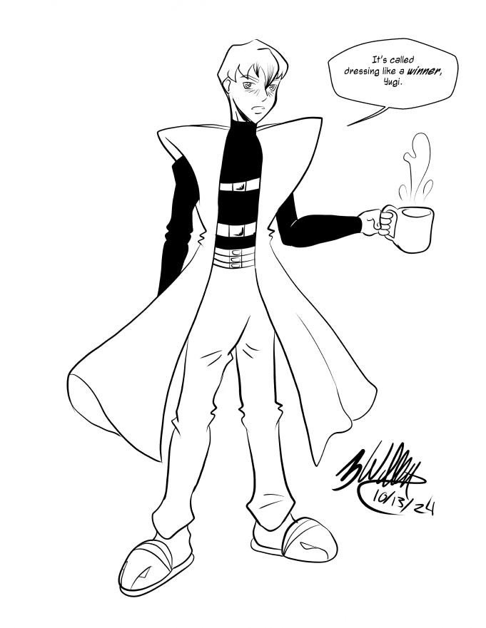 Black and white sketch of Seto Kaiba from the original Yugi-Oh with a coffee cup and Blue Eyes White Dragon slippers on his feet. The text balloon reads 'It's called dressing like a *winner*, Yugi'