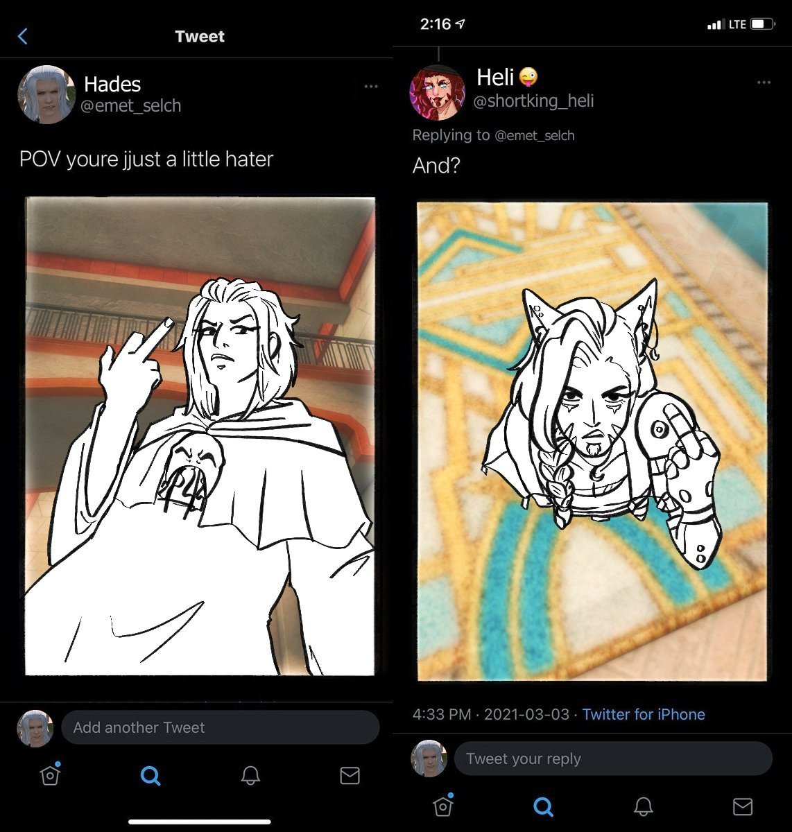 first picture is hades making a post on twt saying "POV youre jjust a little hater" whilst looking down and flipping off the viewer, second is a response from my miqote saying "And?" and he's returning the flip off, looking up