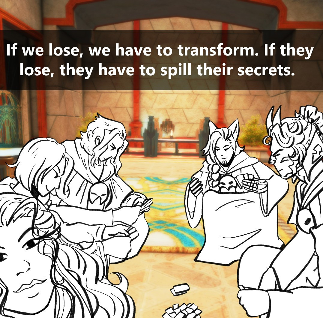 the ancient gang in elpis playing uno against my miqote and his husband with the text "if we lose, we have to transform. if they lose, they have to spill their secrets."