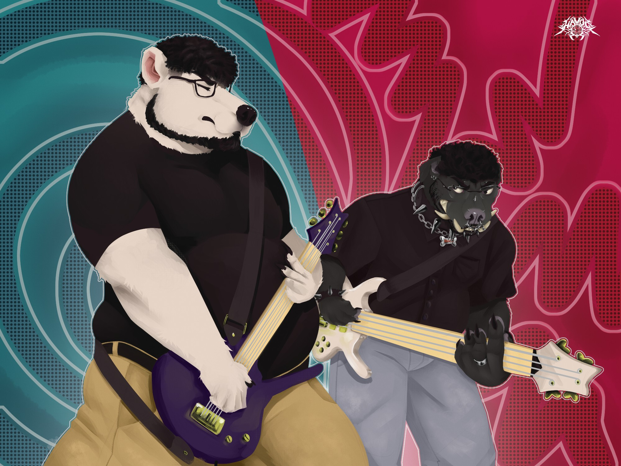 A anthropomorphic polar bear, holding a electric guitar next to a anthropomorphic pitbull, holding a bass-guitar, and they are playing together