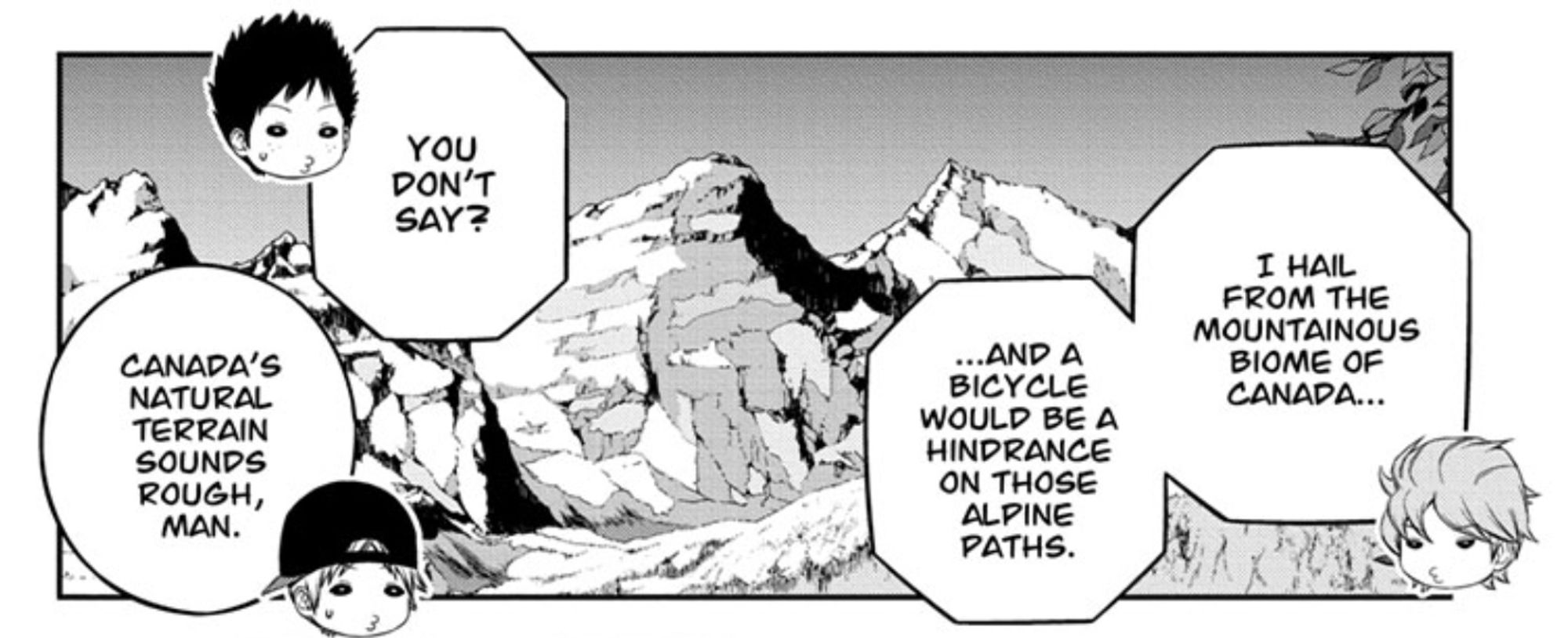 “I hail from the mountainous biome of Canada and a bicycle would be a hindrance on those alpine paths.”
“You don’t say?”
“Canada’s natural terrain sounds rough, man.”