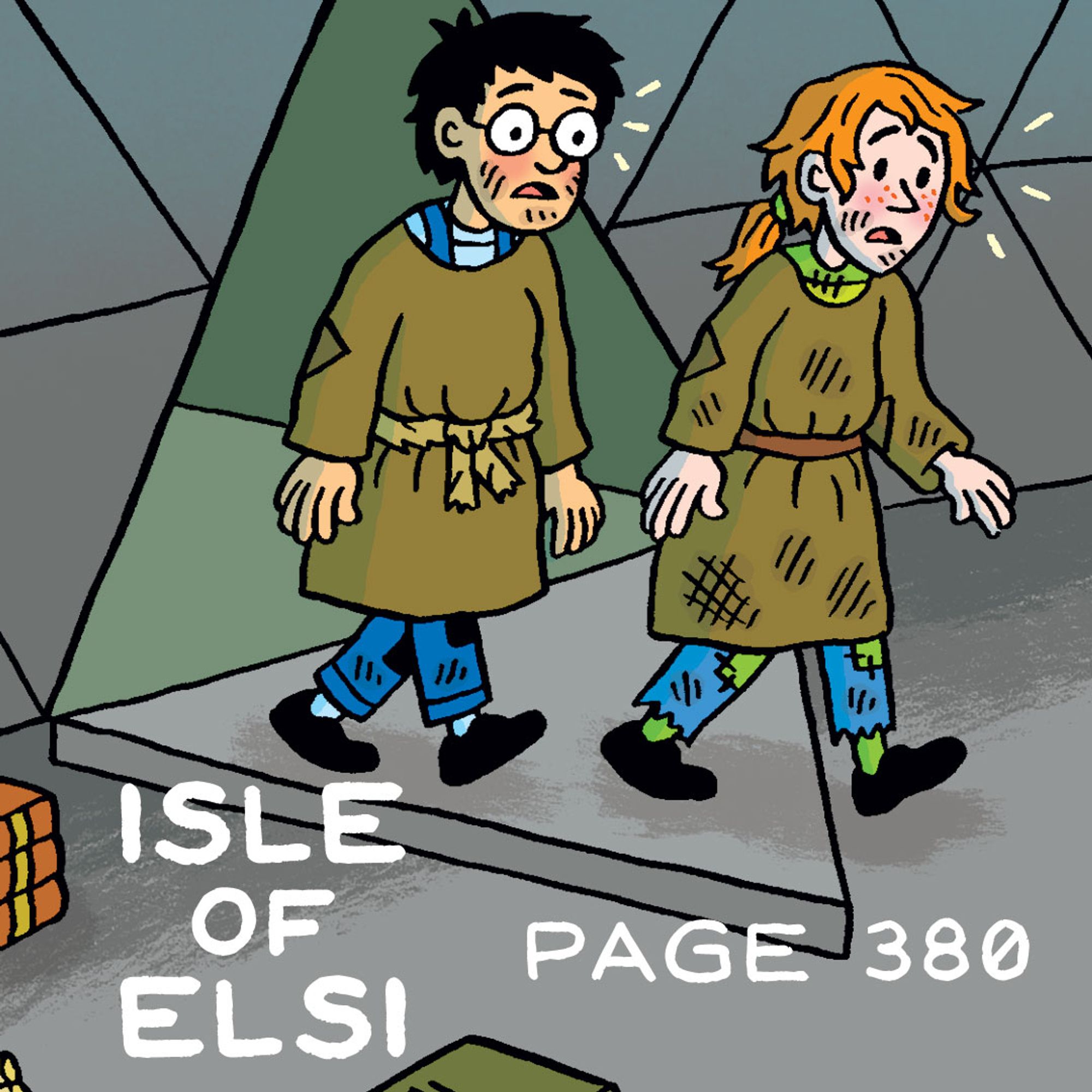 Sally and Rex walk into the secret underground library with shocked expressions on their faces. Text reads: "Isle of Elsi Page 380”