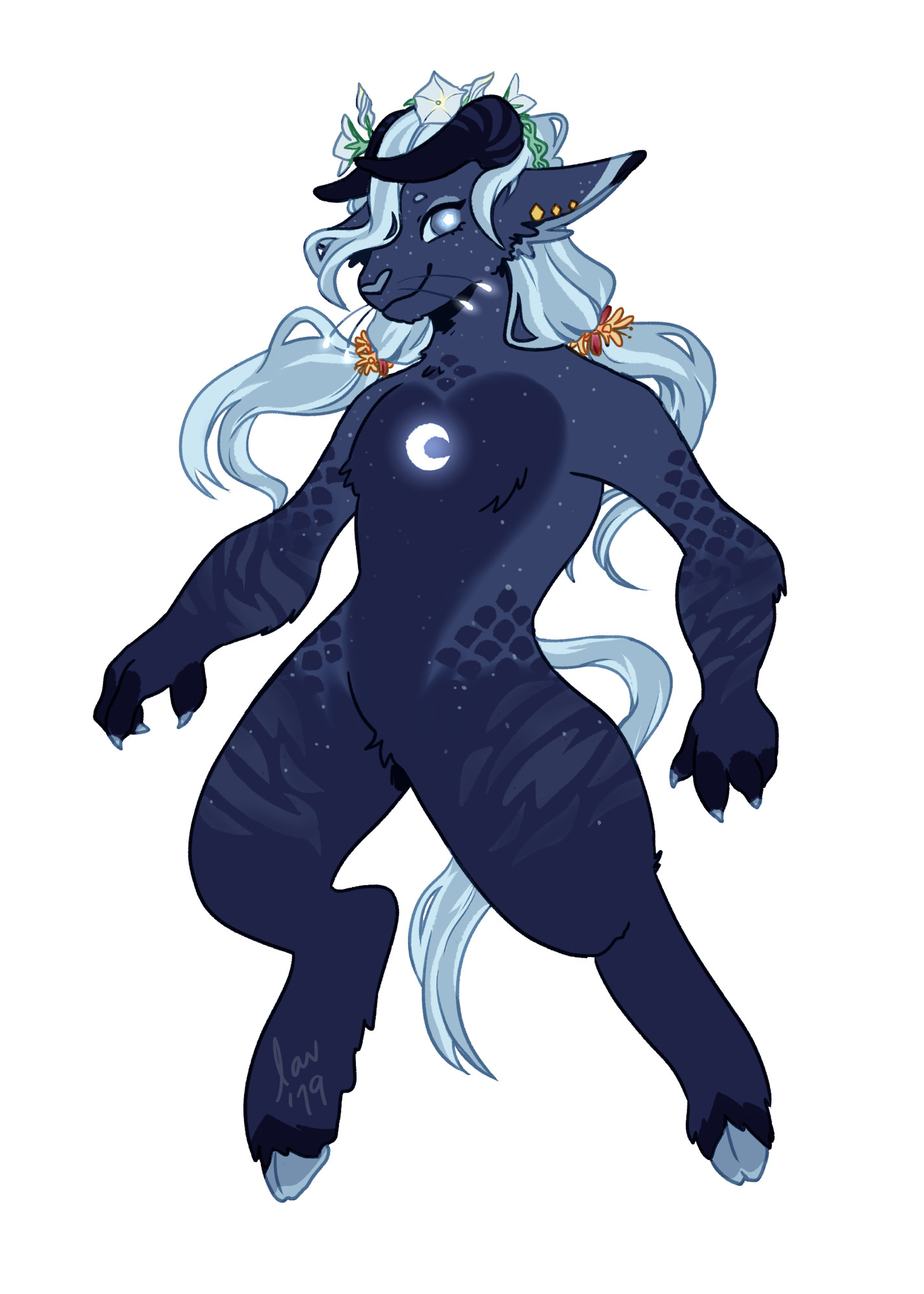 Drawing of an anthropomorphic creature that’s a mix between a big cat and a deer or goat, with a catlike head and claws but hooved feet. She has long light blue hair, dark blue horns and fur, and wears a crown of morning glories.