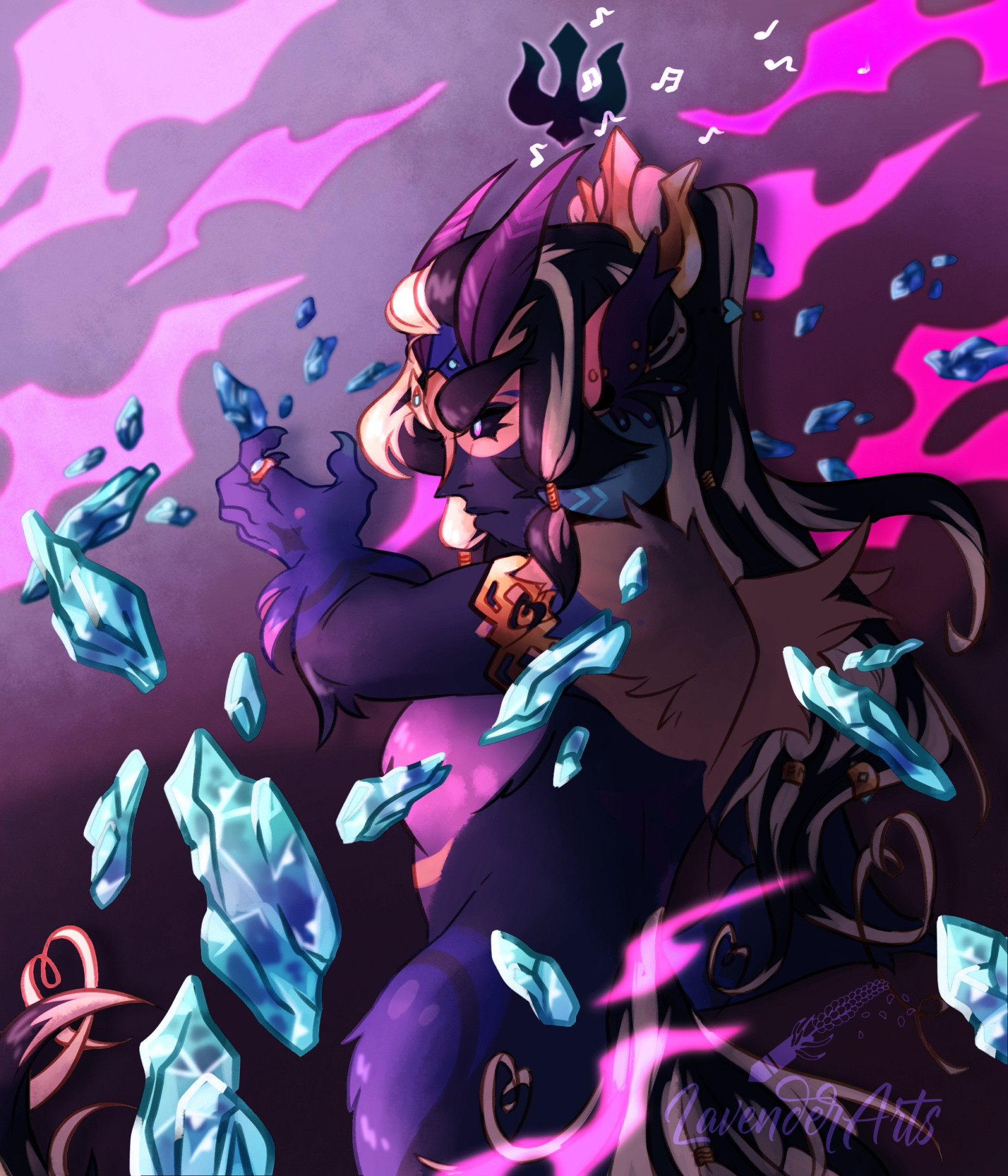 A dark purple and tan fantasy creature with bird legs. She has long black-and-blonde hair, blue eyes, and blue horns. Shards of crystal surround her as she prepares to attack with them.