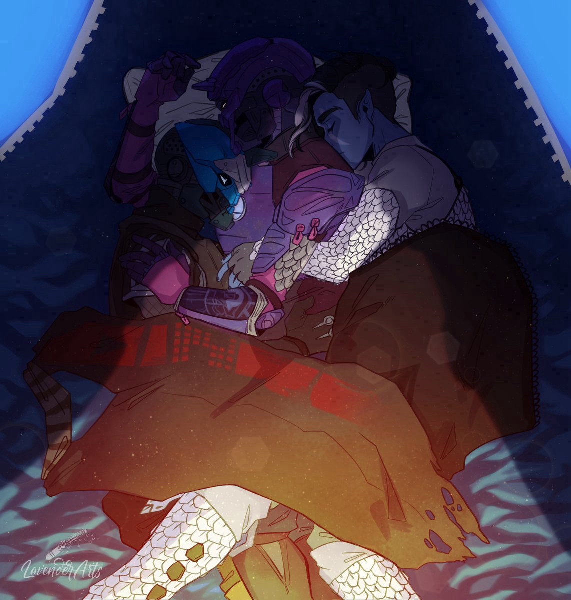 A drawing of 3 characters snuggling inside a bright blue tent while sunlight streams in through the opening.