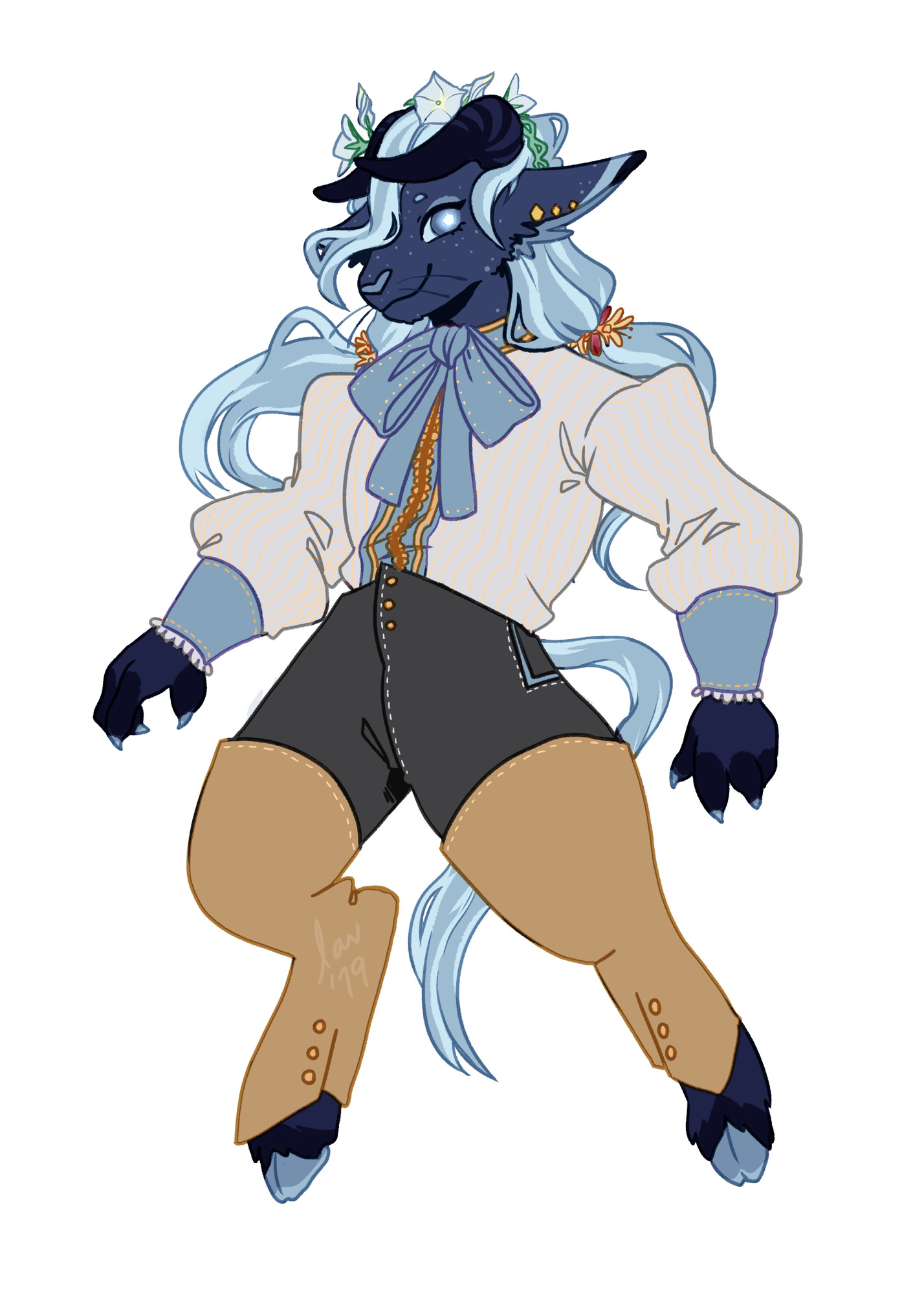 Drawing of an anthropomorphic creature that’s a mix between a big cat and a deer or goat, with a catlike head and claws but hooved feet. She has long light blue hair, dark blue horns and fur, and wears a crown of morning glories. She’s wearing a simple white and blue blouse, a blue bow tied in front, with dark pants and brown boots.