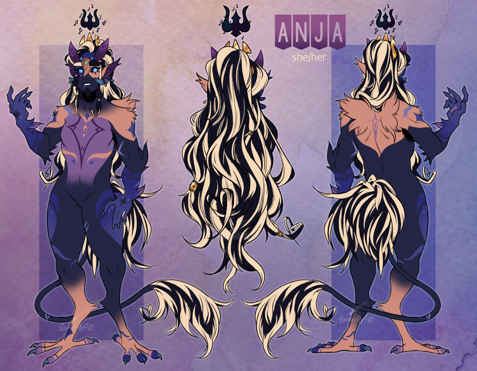 A dark purple and tan fantasy creature with bird legs. She has long black-and-blonde hair, blue eyes, and blue horns.