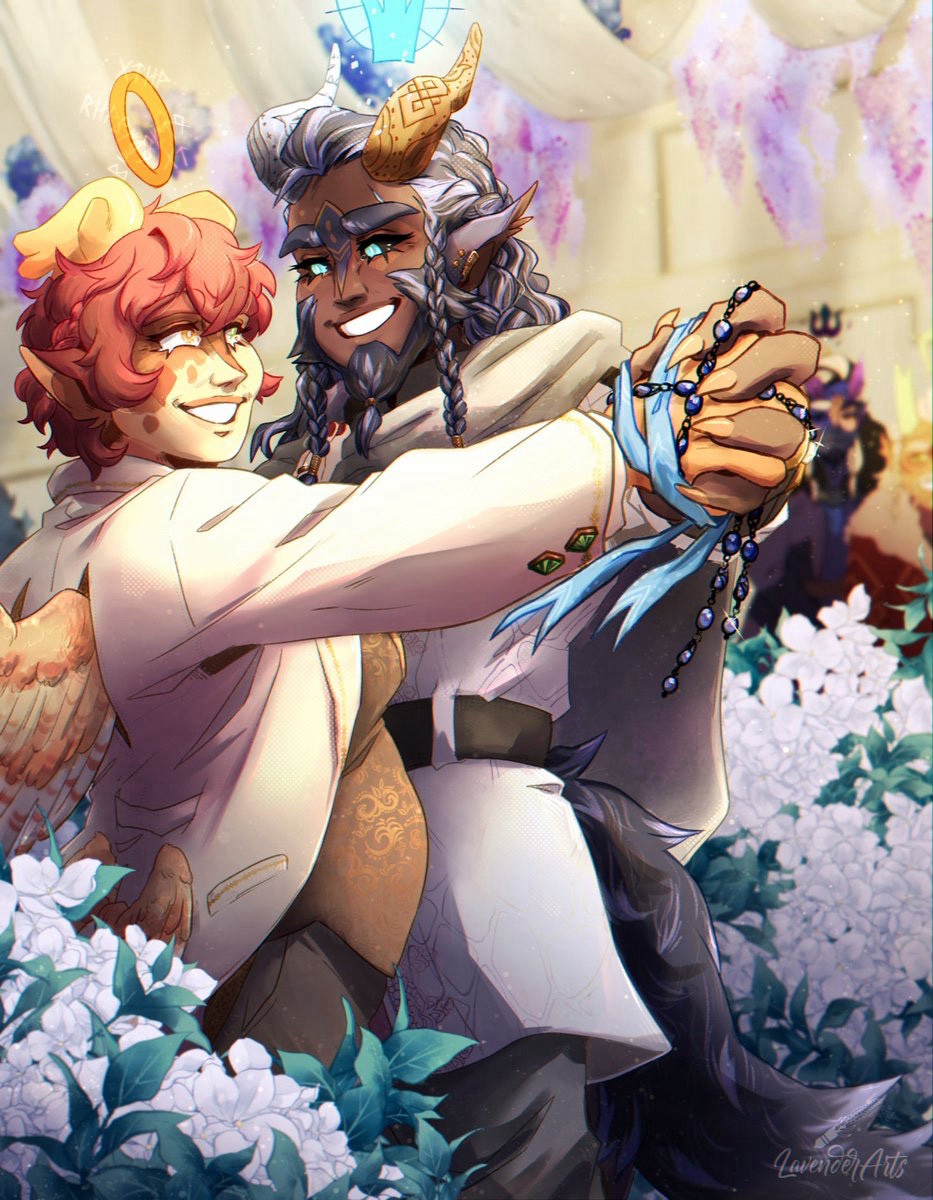 A drawing of 2 male anthro characters dancing at their wedding, hands tied with ribbon in a handfast, surrounded by flowers and smiling.