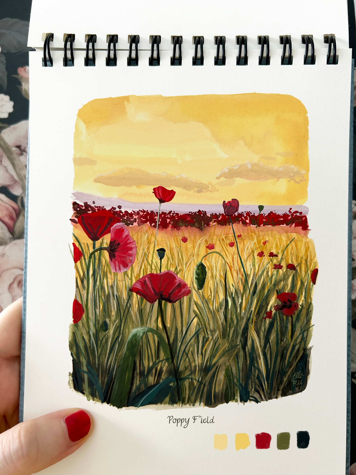 Gouache painting of a poppy field on golden sunlight.