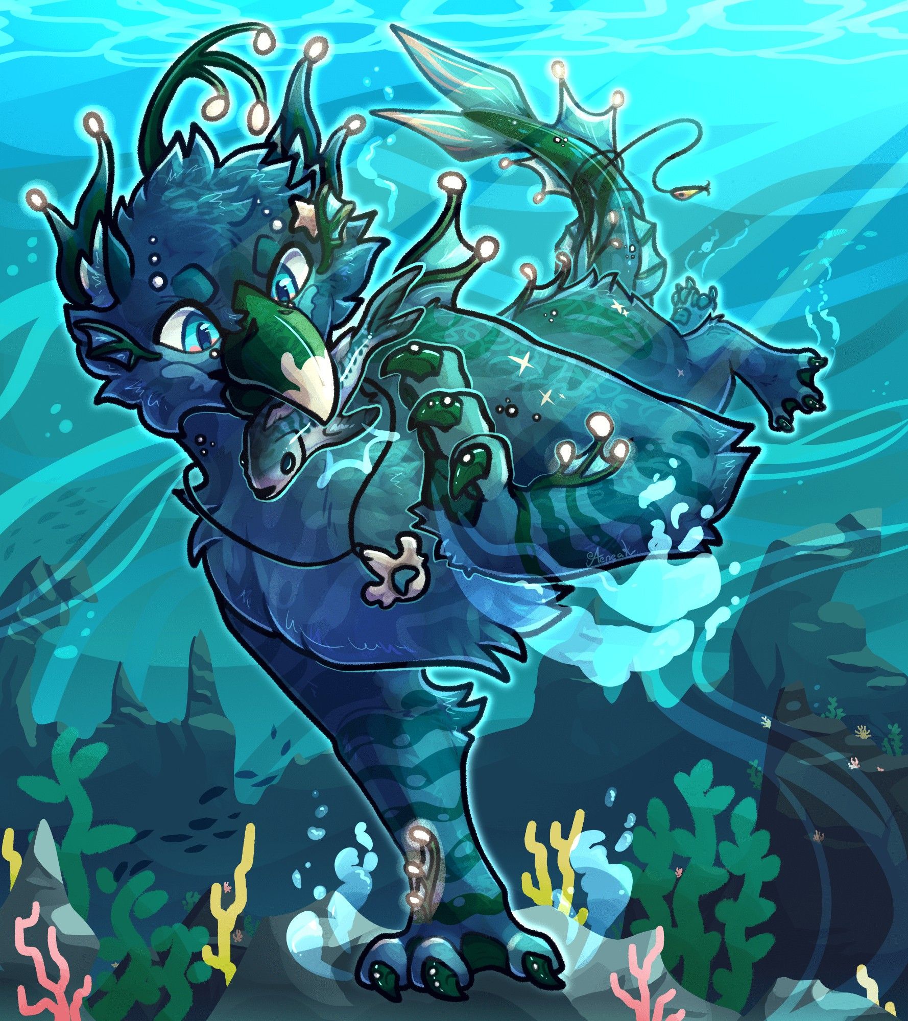 An aquatic creature is diving in the ocean waters catching a small fish in their beak, their body is lit up with light from their luminescent bulbs on the ends of their fins, pearls are also dotted throughout their body. 

Character belongs to EnternalRowan on artfight/insta/toyhouse
Art made by me, Aeneak