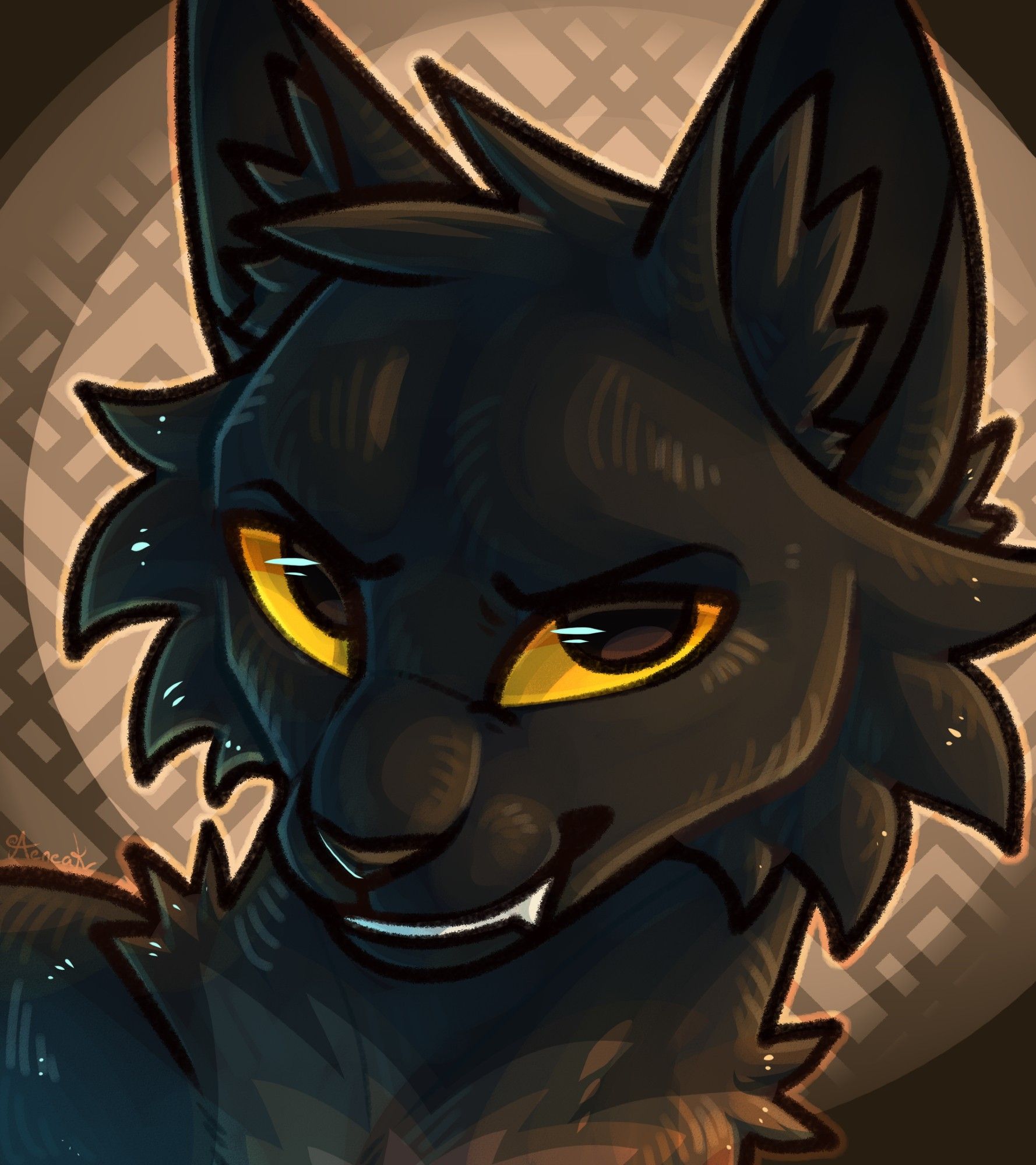 Black cat oc faces 3/4 to the left of the canvas head tilted slightly down while looking up at the viewer with a mischievous grin

Character belongs to Smewduck on bsky/toyhouse
Art by me, Aeneak

#furry #furryart #art #digital #cat #feline