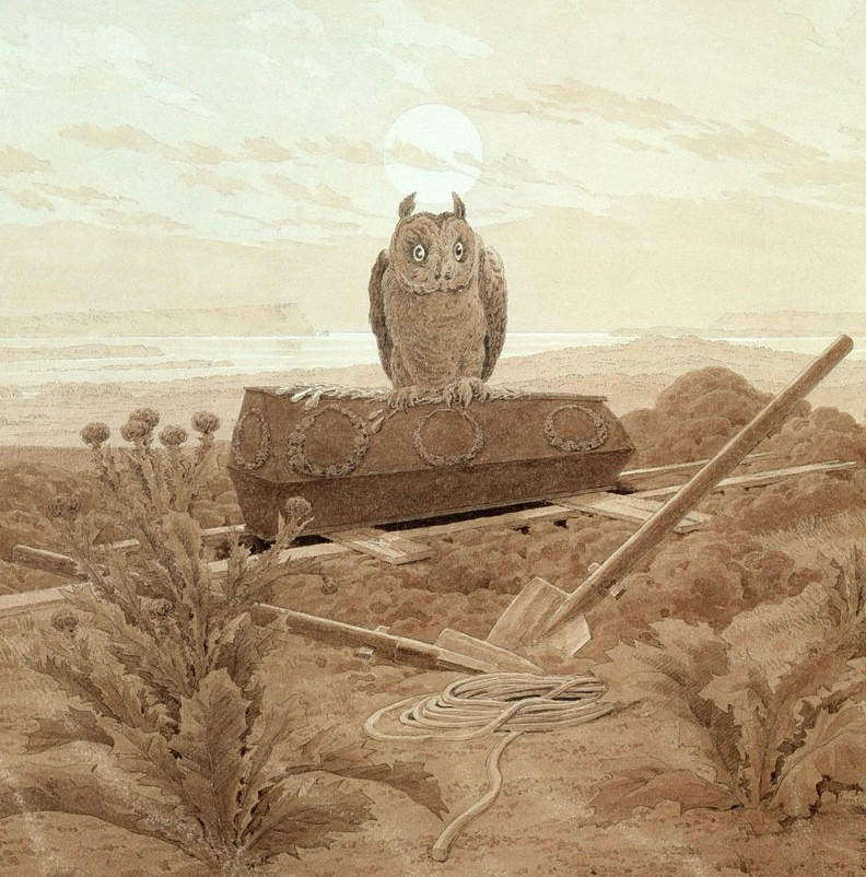 Image of an owl perched upon a coffin above a newly-dug grave.