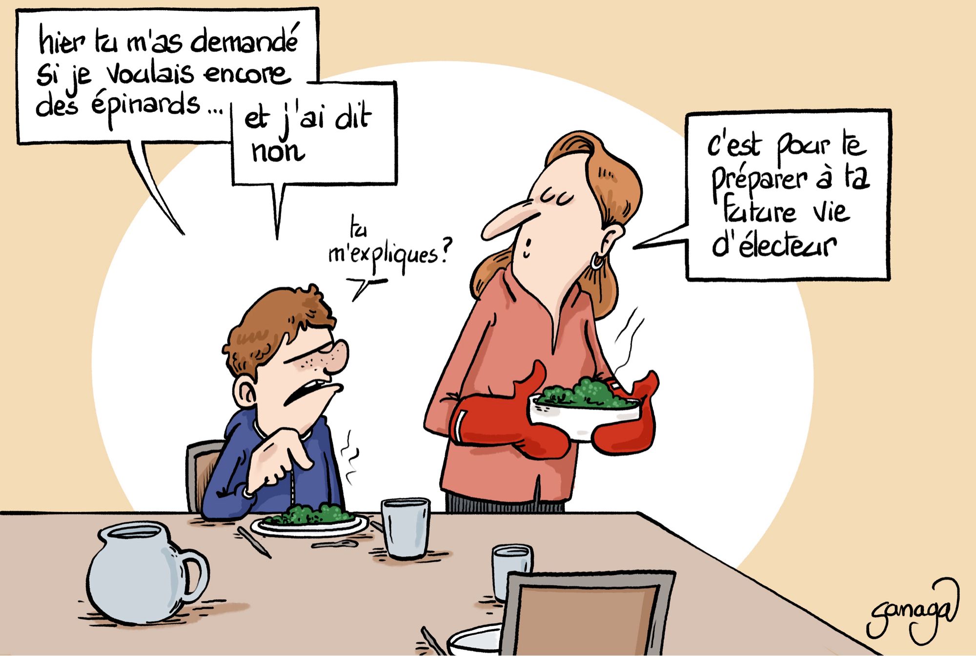 Un garçon mécontent devant une assiette d’épinards que sa mère vient de lui servir.
Le garçon : « hier tu m’as demandé si je voulais des épinards… et j’ai dit non. Tu m’expliques ? »
La mère : « c’est pour te préparer à ta future vie d’électeur »