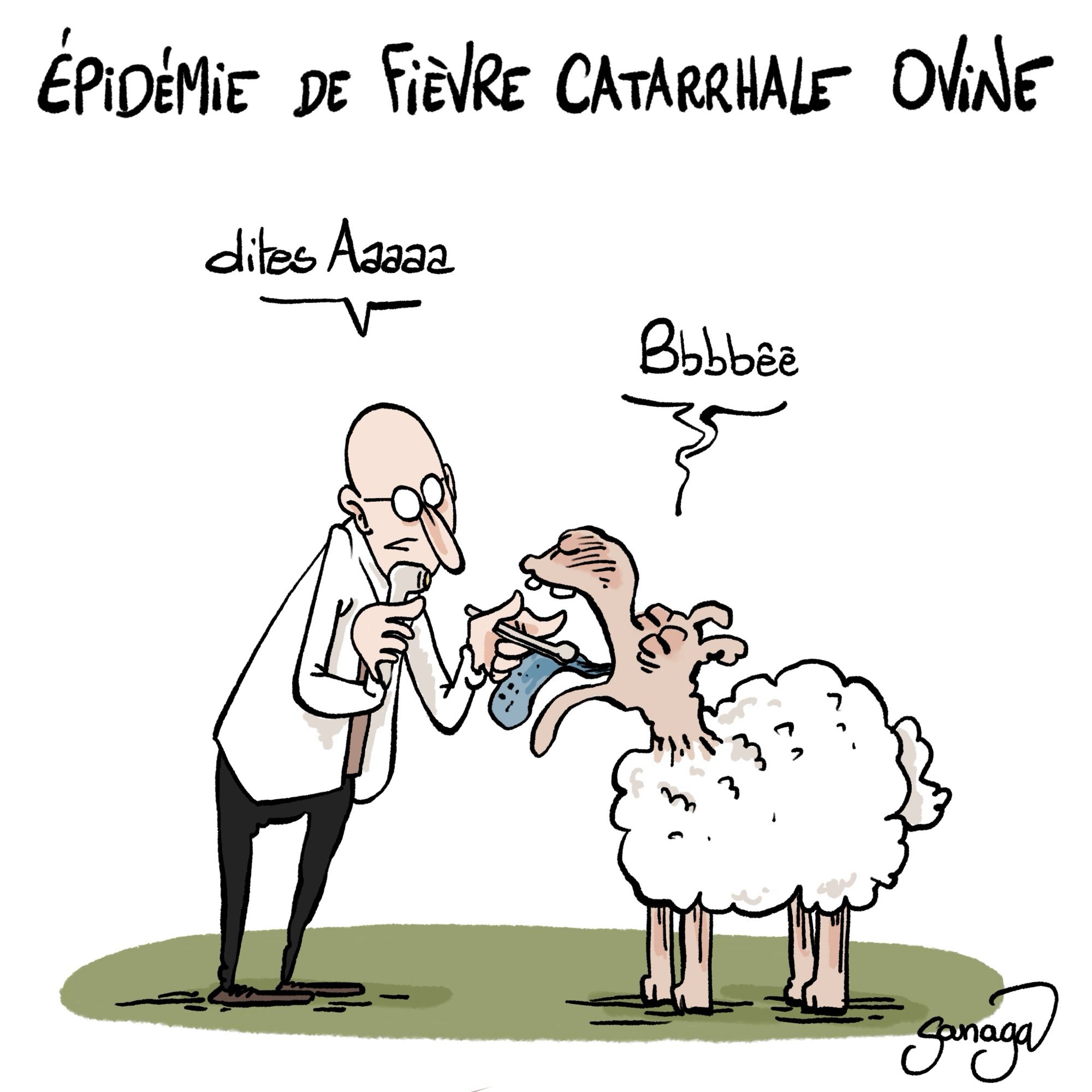 Titre : épidémie de fièvre catarrhale ovine
Image : un médecin qui fait ouvrir la bouche à un mouton à la langue bleue.
Le médecin : « dites Aaaaa »
Le mouton : « Bbbbêê »